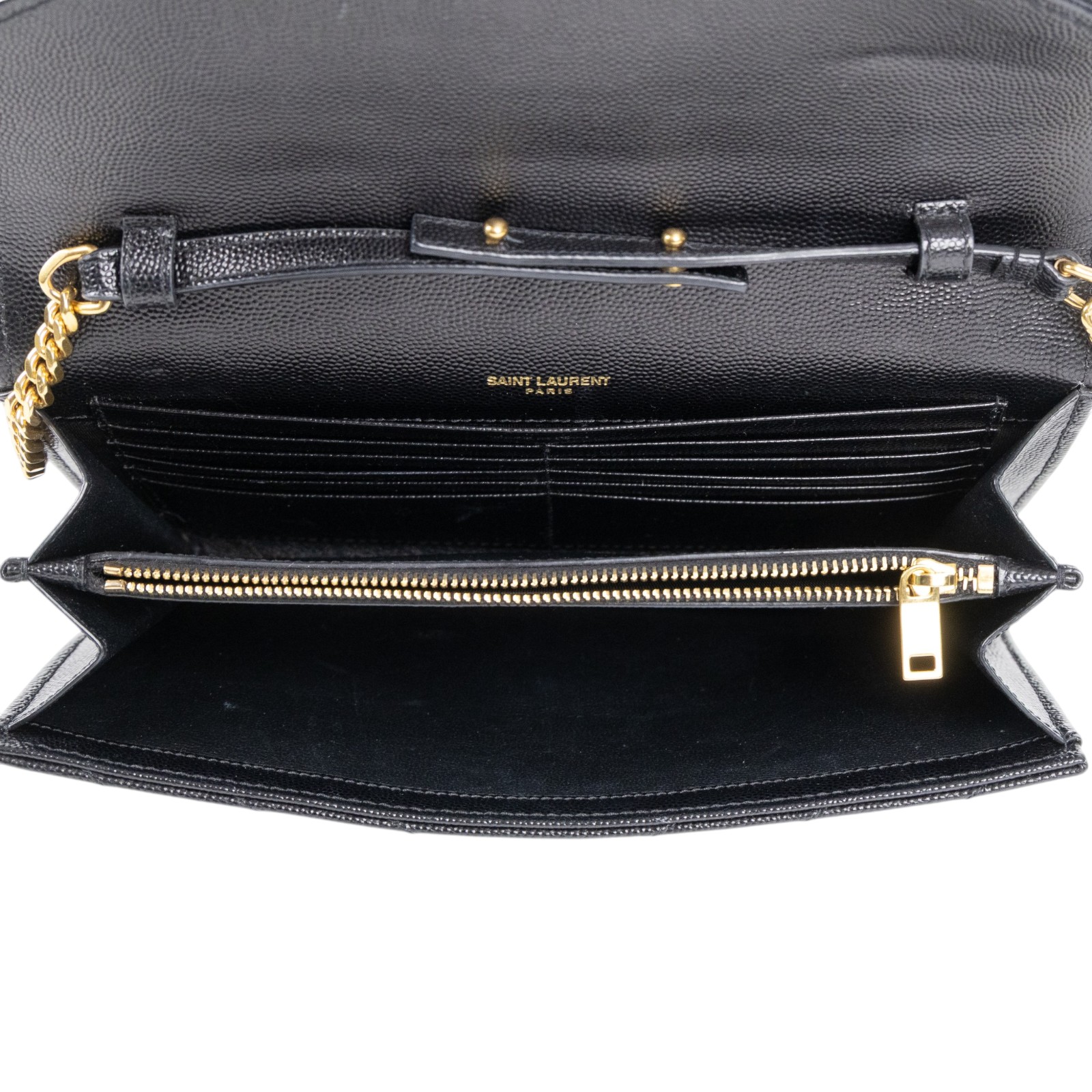 聖羅蘭 YSL SAINT LAURENT Cassandre 經典粒面皮革 鏈條 錢包 金色五金 377828BOW01 黑金魚子醬WOC 無附屬品