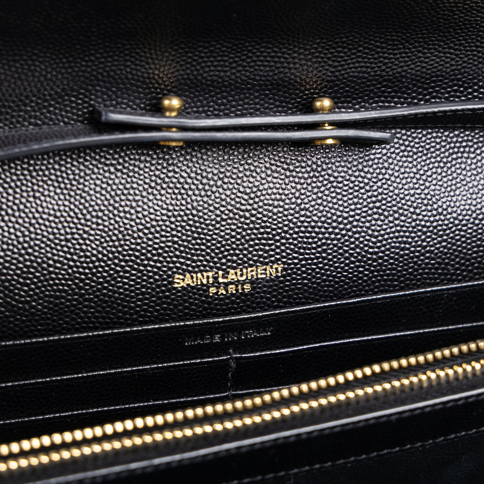 聖羅蘭 YSL SAINT LAURENT Cassandre 經典粒面皮革 鏈條 錢包 金色五金 377828BOW01 黑金魚子醬WOC 無附屬品