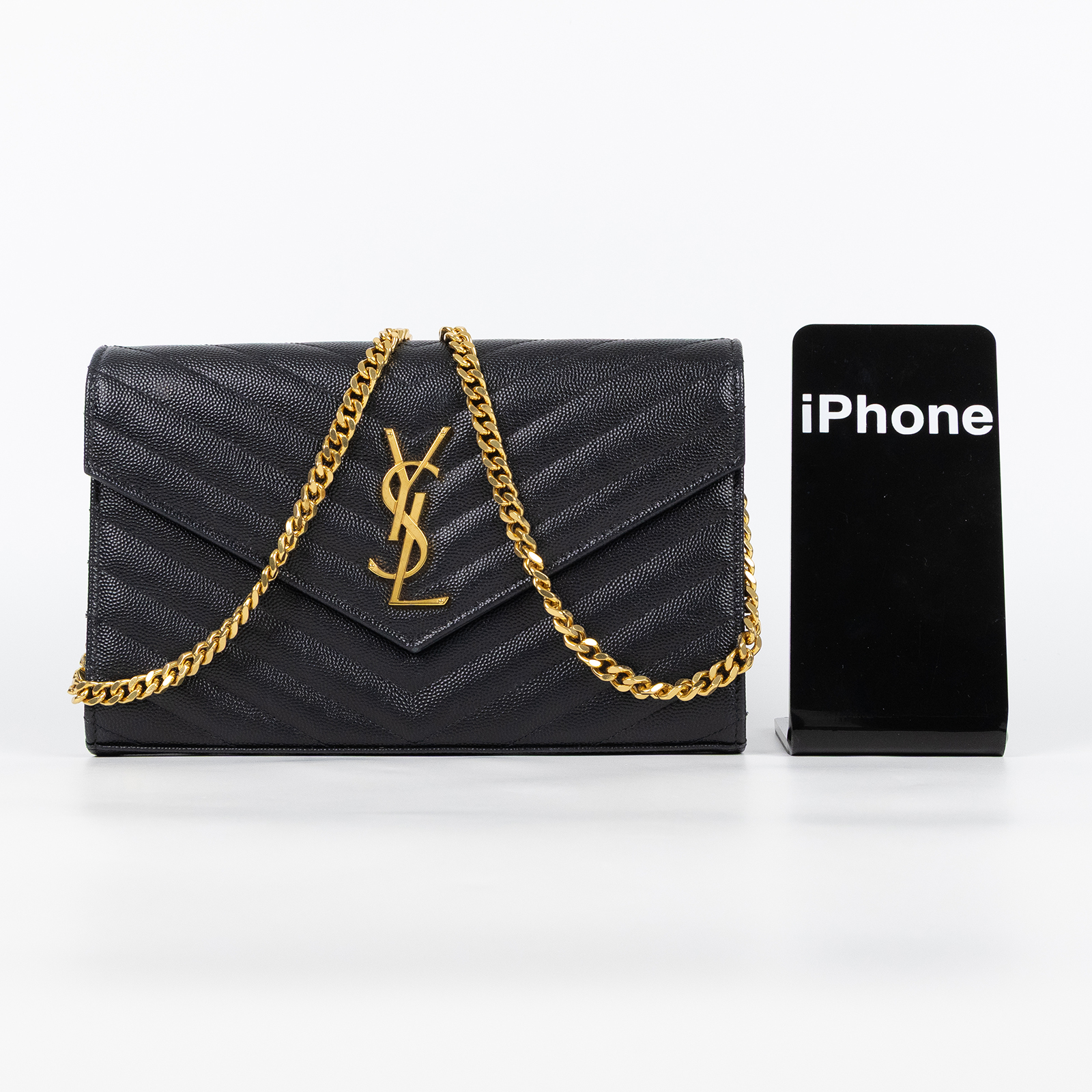 聖羅蘭 YSL SAINT LAURENT Cassandre 經典粒面皮革 鏈條 錢包 金色五金 377828BOW01 黑金魚子醬WOC 無附屬品