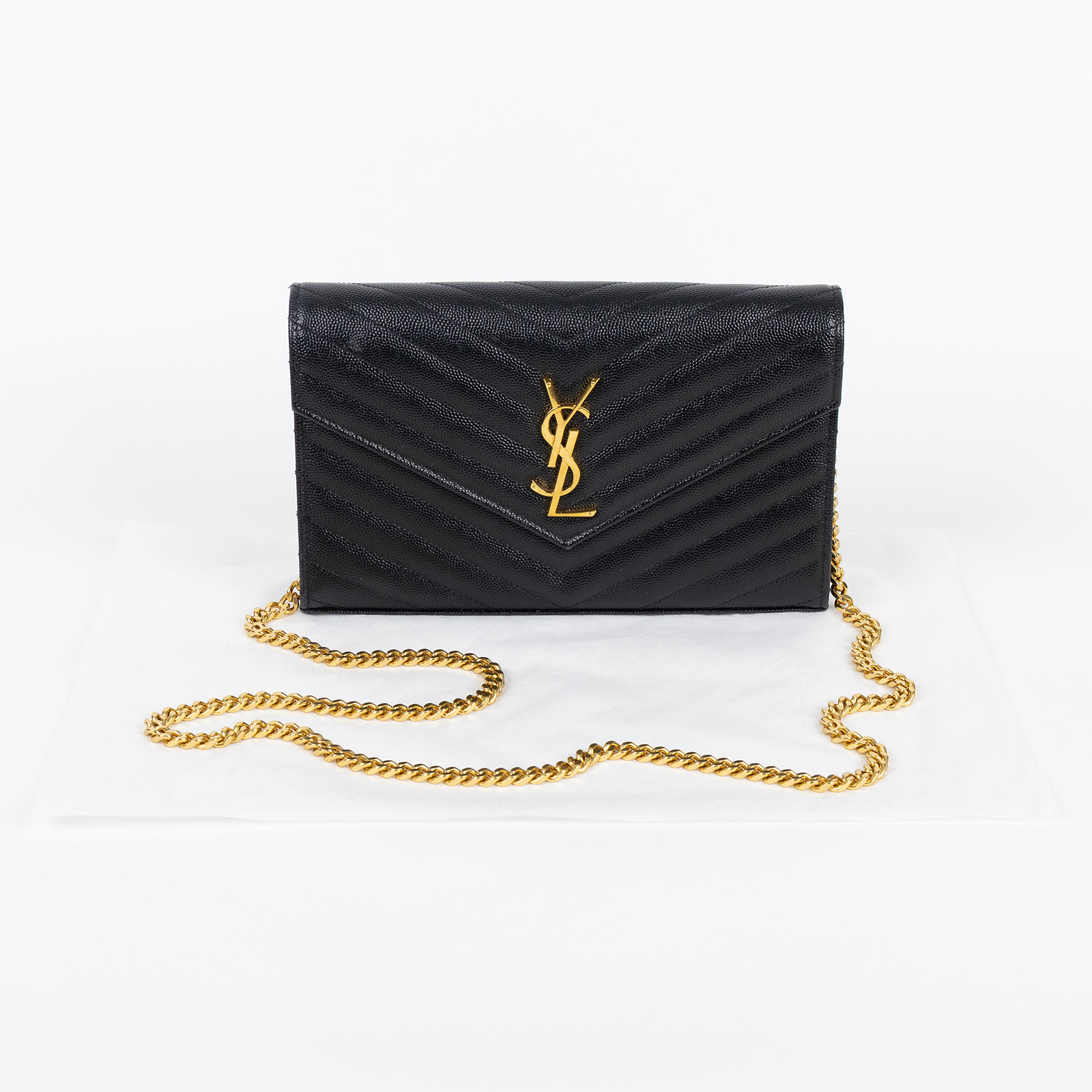 聖羅蘭 YSL SAINT LAURENT Cassandre 經典粒面皮革 鏈條 錢包 金色五金 377828BOW01 黑金魚子醬WOC 無附屬品