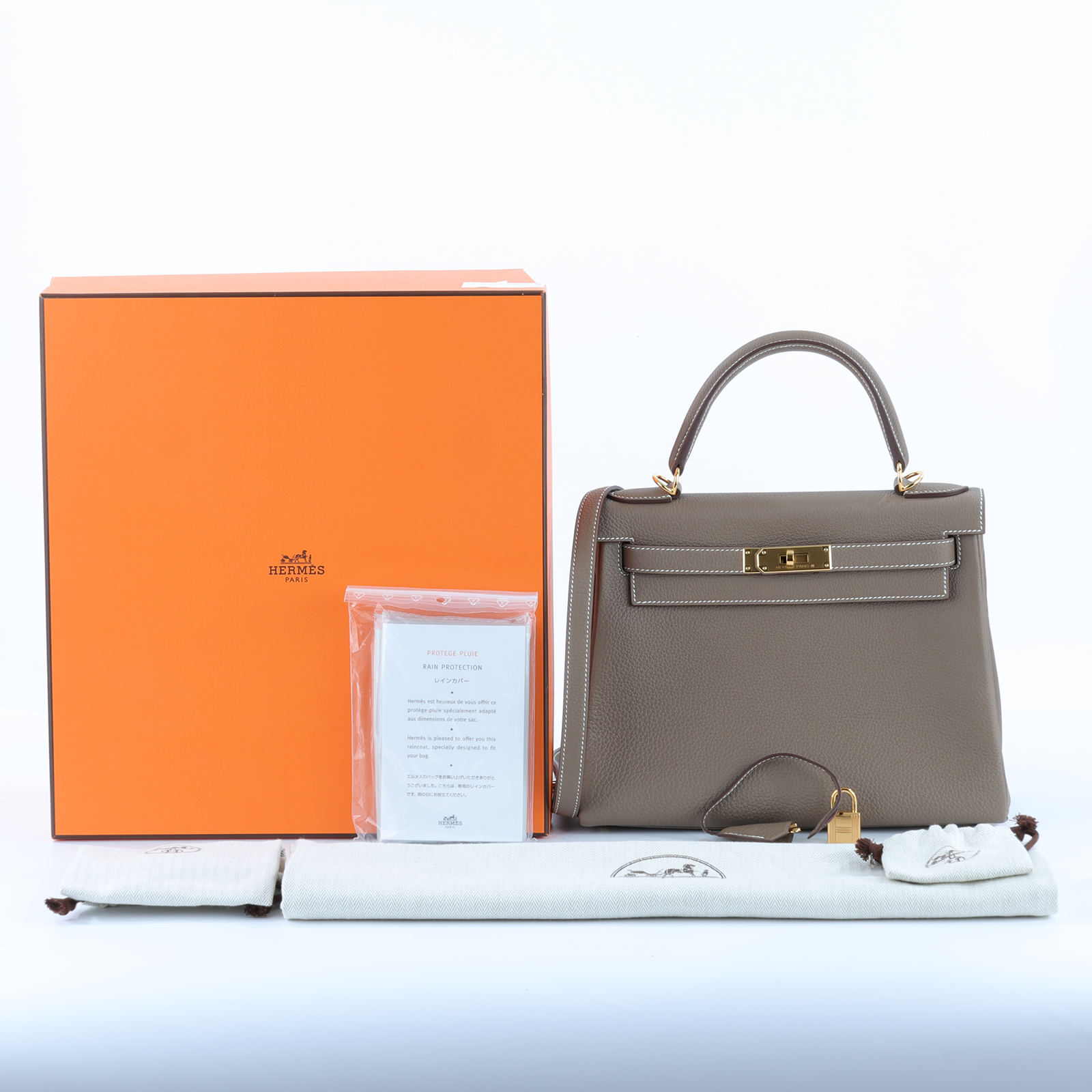 愛馬仕 Hermes Kelly Bag 凱莉包 28 金色五金 大象灰 H027630CC18 /U刻  原廠盒子/防塵袋/背帶/鎖組/雨衣