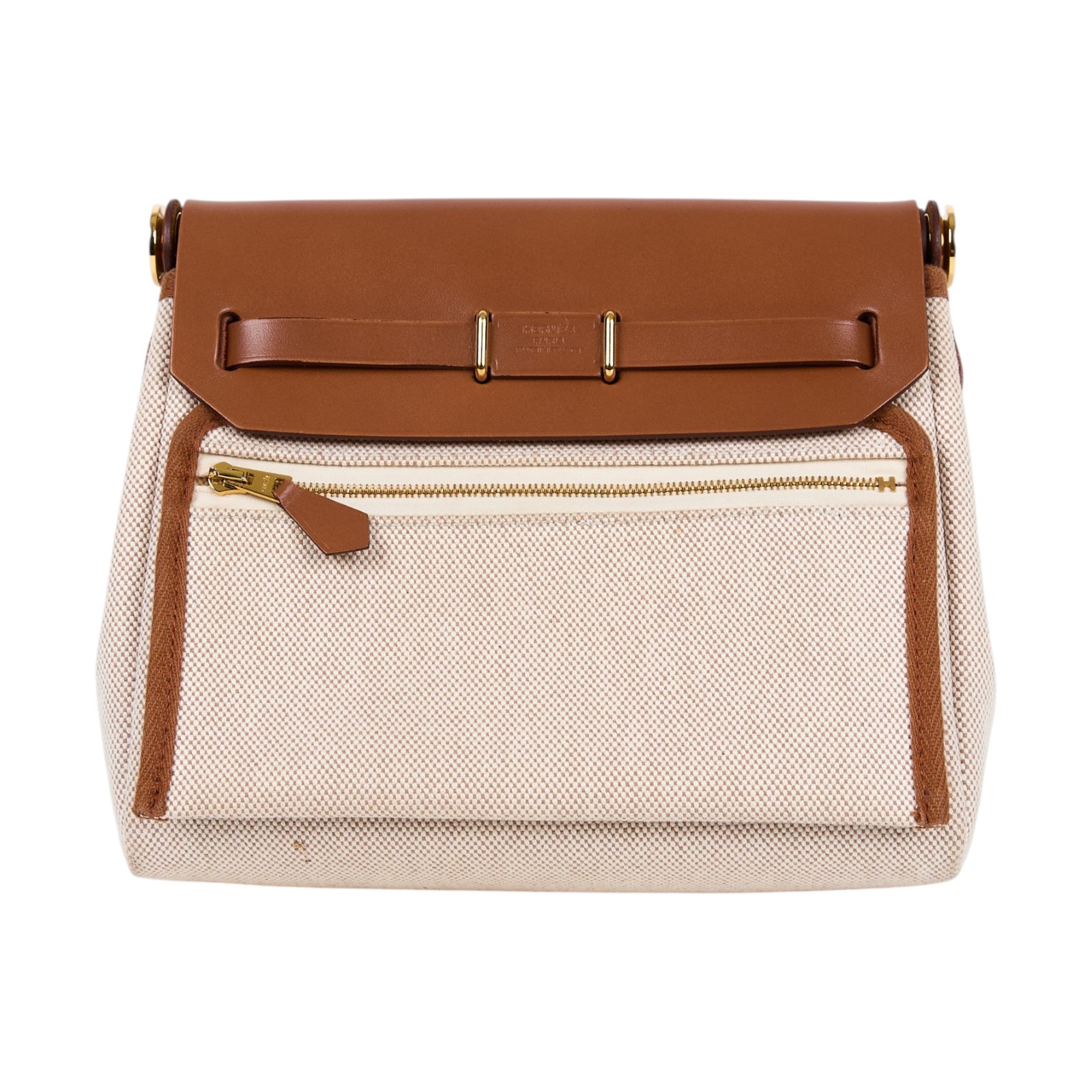 愛馬仕 Hermes Herbag Zip 20 金色五金 棕色 米色 H085414CCAA W刻  米白帆布HERBAG20 原廠盒子/防塵袋/購買證明