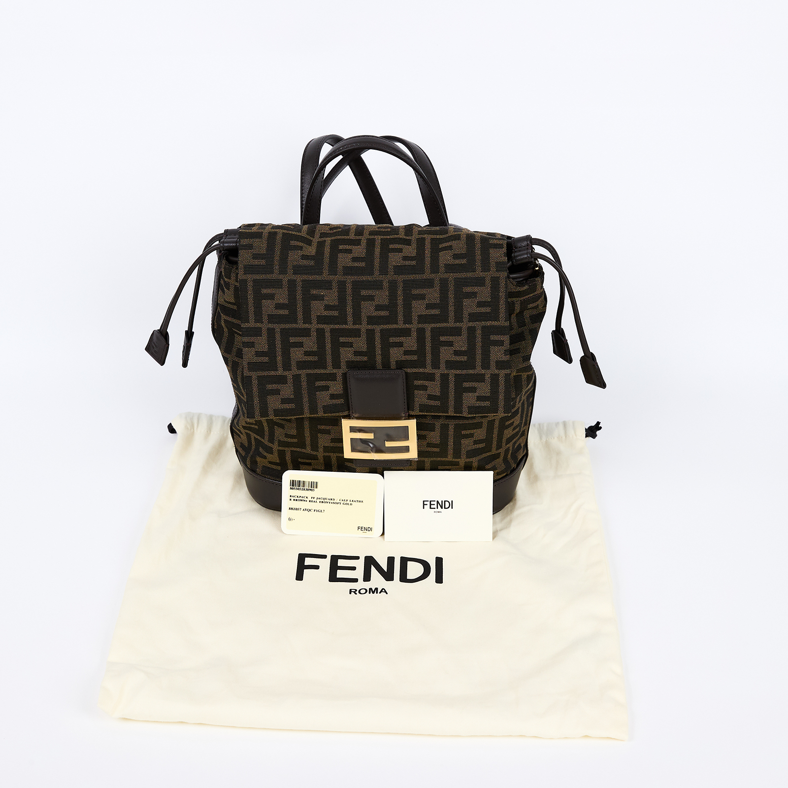 芬迪 FENDI Jacquard FF 後背包 雙肩包 手提包 8BZ057AVQC 棕色FF提花布料背包 防塵袋