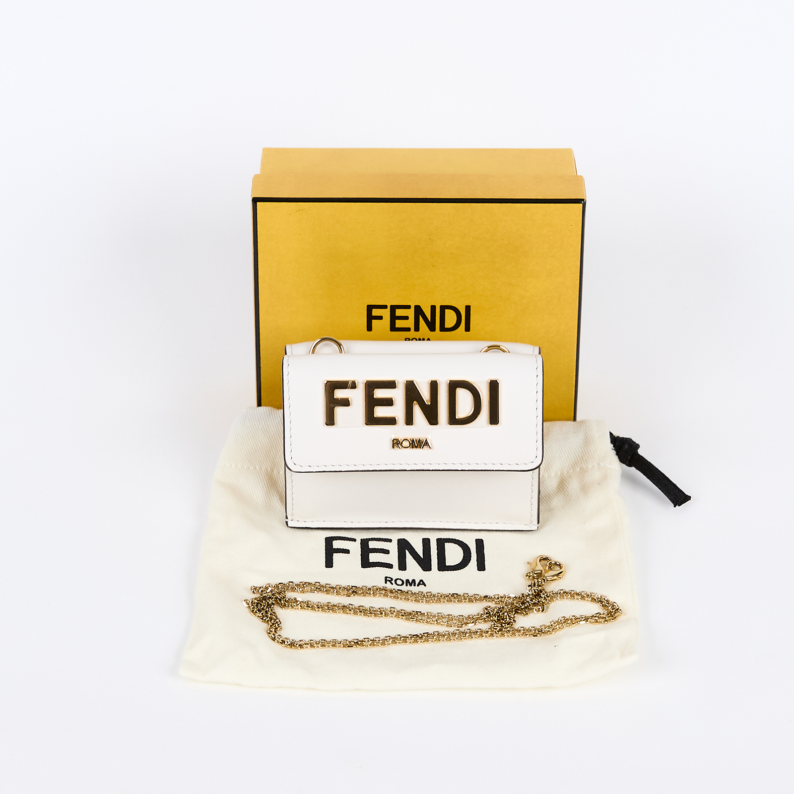 芬迪 FENDI Roma Wallet on Chain 錢包 短夾 鍊條錢包 8M0481AKK2 白色帶小金鍊短夾小廢包 原廠盒子/防塵袋/背帶