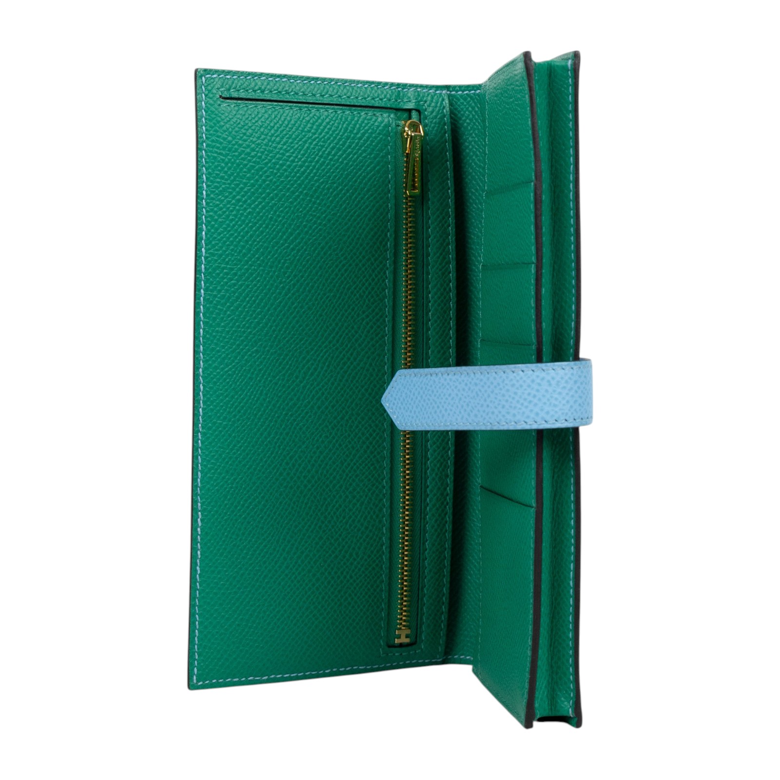 愛馬仕 Hermes Bearn Soufflet 長夾  金色五金 糖果藍 帝王綠 H073596CCAV   原廠盒子/購買證明