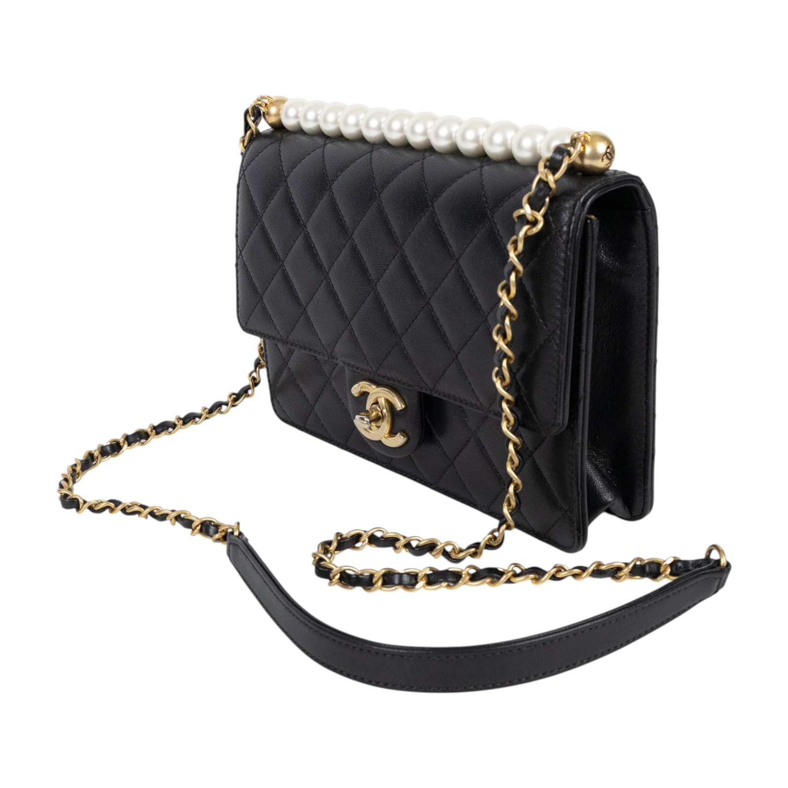 香奈兒 CHANEL 珍珠 口蓋包 AS0585 29開黑菱格珍珠金鍊包 無附屬品