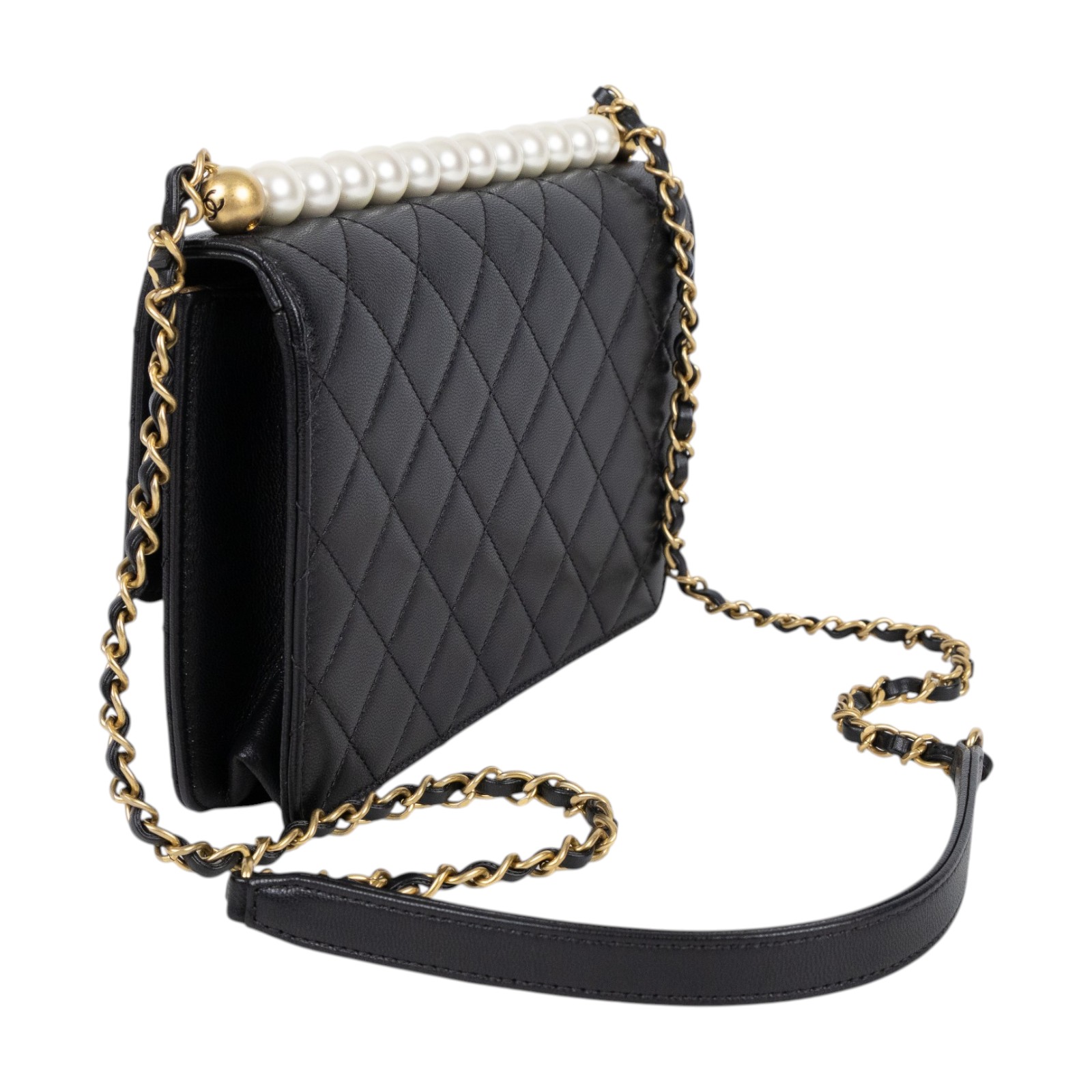 香奈兒 CHANEL 珍珠 口蓋包 AS0585 29開黑菱格珍珠金鍊包 無附屬品