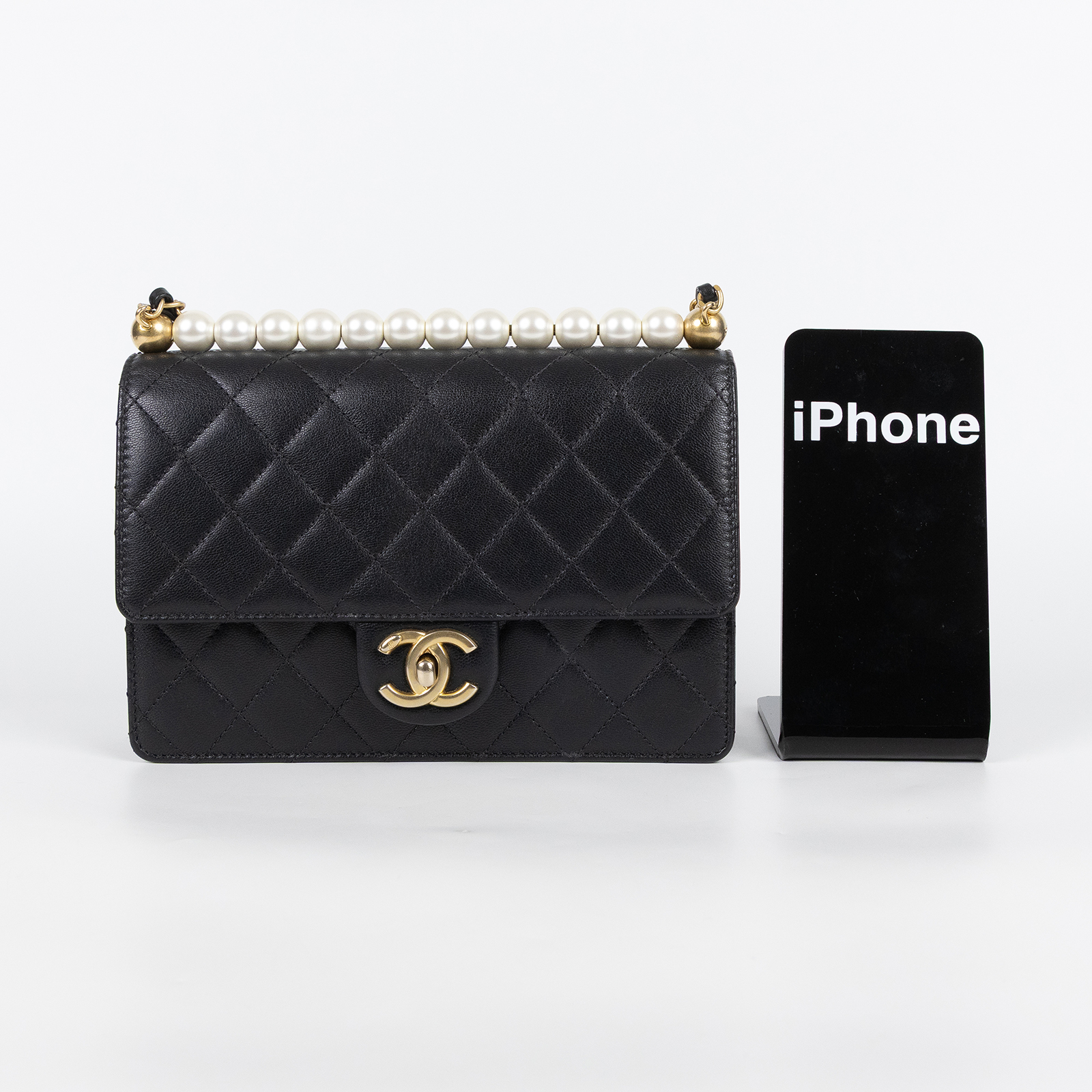 香奈兒 CHANEL 珍珠 口蓋包 AS0585 29開黑菱格珍珠金鍊包 無附屬品