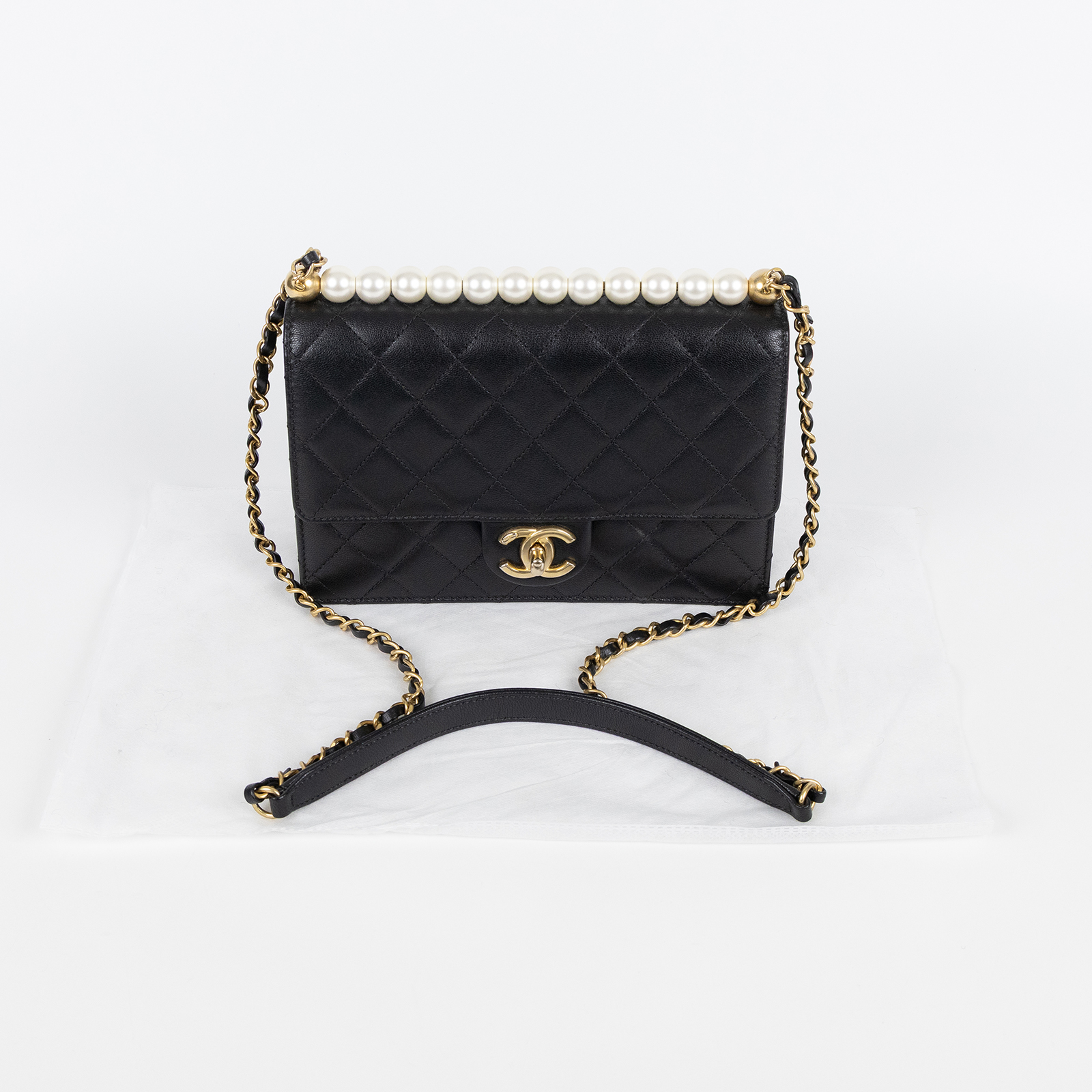 香奈兒 CHANEL 珍珠 口蓋包 AS0585 29開黑菱格珍珠金鍊包 無附屬品