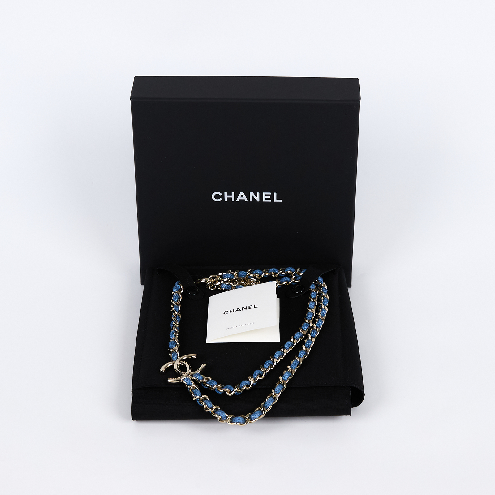 香奈兒 CHANEL 項鍊 ABF163 B19749B25P 淡金藍毛呢穿鍊二連雙C項鍊 內襯/原廠盒子