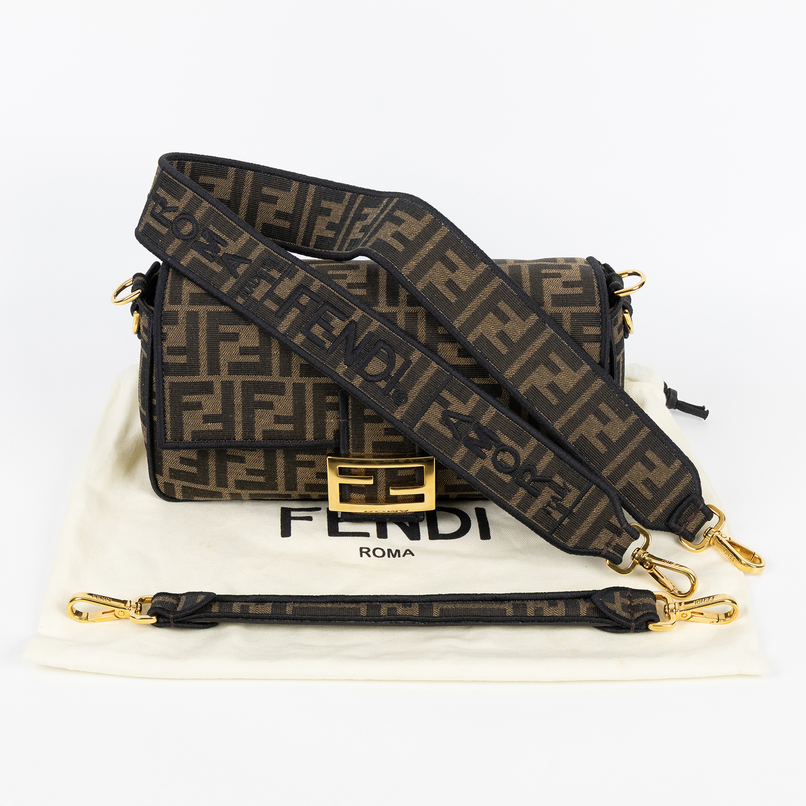 芬迪 FENDI Baguette FF提花布料包款 8BR600A6V5 棕FF帆布BAGUETTE法棍包 防塵袋/背帶