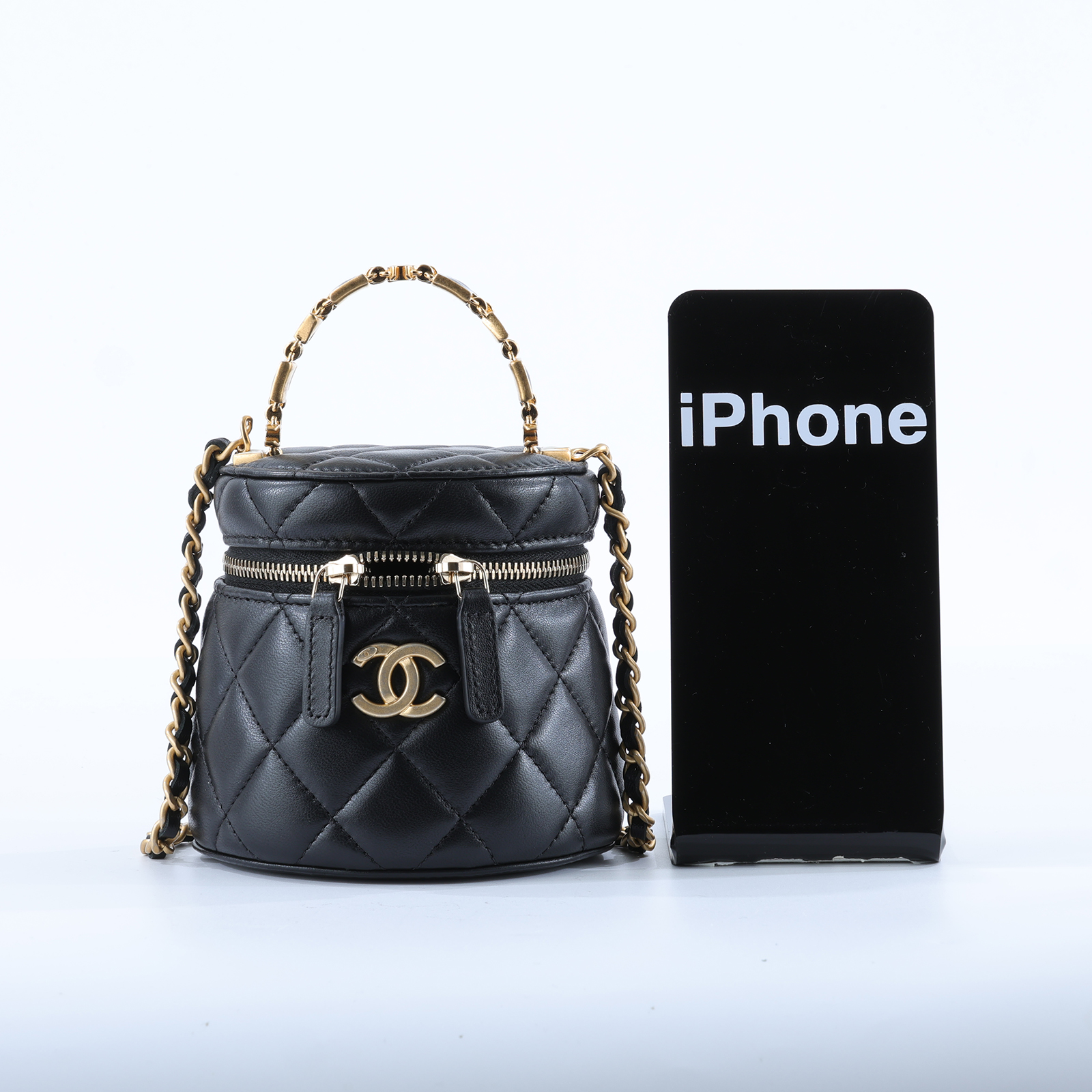 香奈兒 CHANEL Vanity Case 手提包 斜背包 化妝箱 化妝包 AP2947 晶片款 黑手提圓筒包 原廠盒子/防塵袋