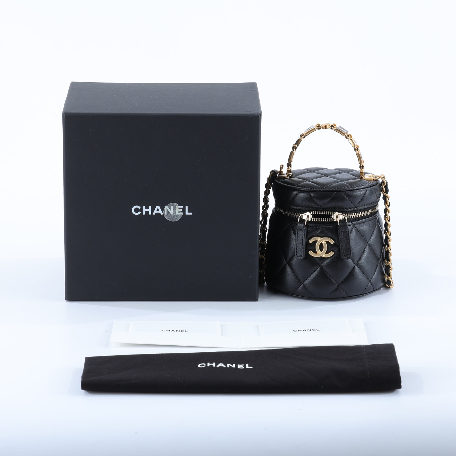 香奈兒 CHANEL Vanity Case 手提包 斜背包 化妝箱 化妝包 AP2947 晶片款 黑手提圓筒包 原廠盒子/防塵袋