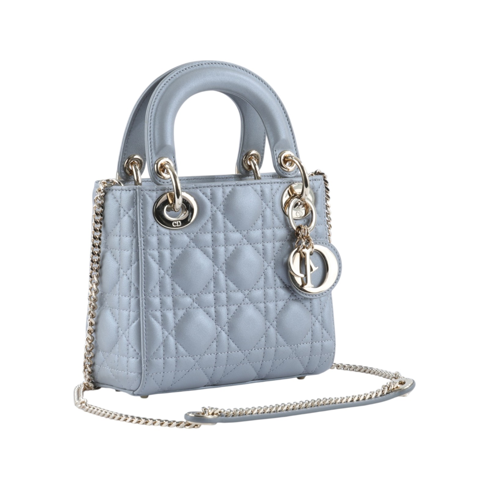 迪奧 CHRISTIAN DIOR Lady Dior 迷你 手提 肩背包 M505OADU 灰LADY DIOR MINI 原廠盒子/防塵袋/背帶/購買證明