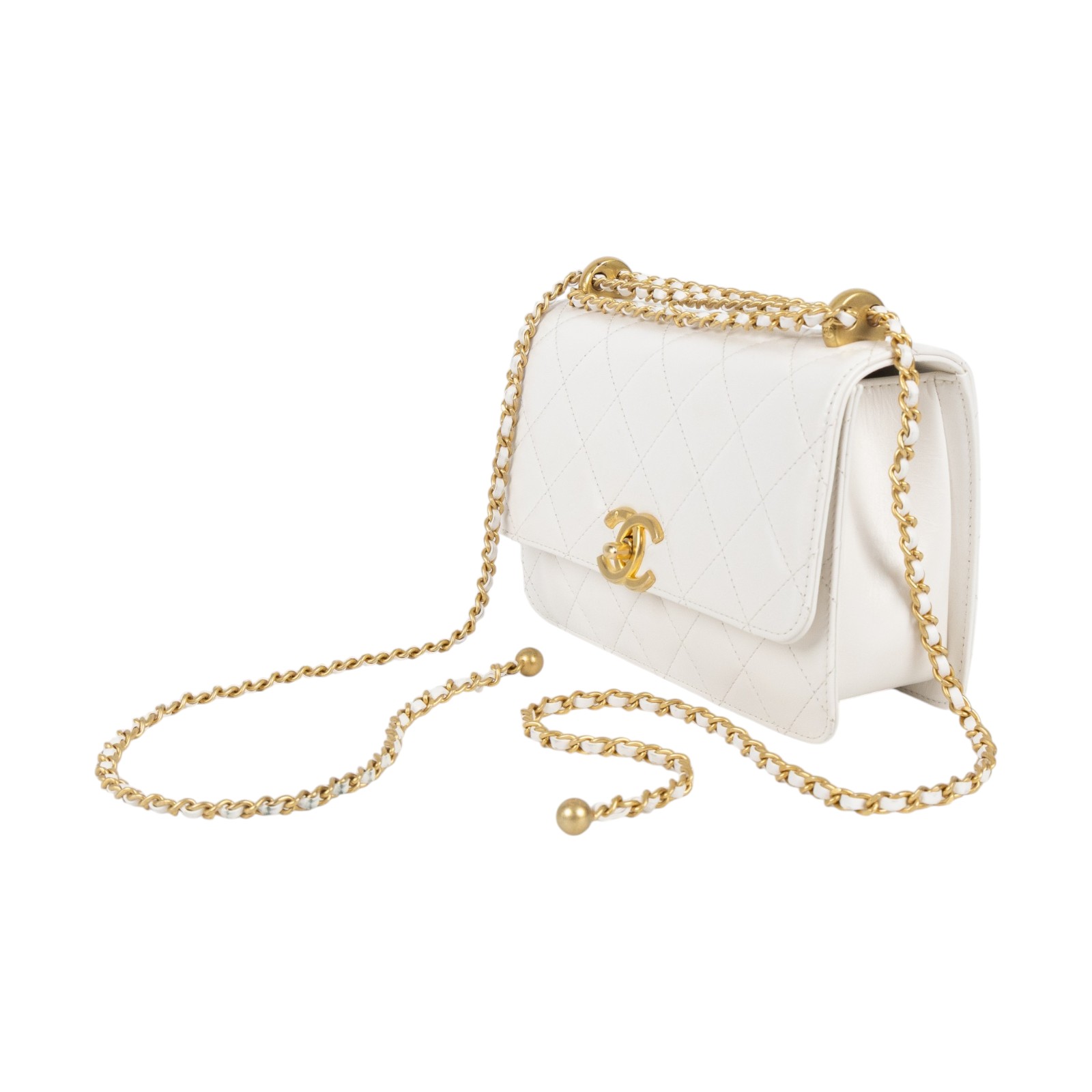 香奈兒 CHANEL 雙金球 經典 斜背 口蓋包 AS2615 晶片款 白雙金珠翻蓋包 防塵袋