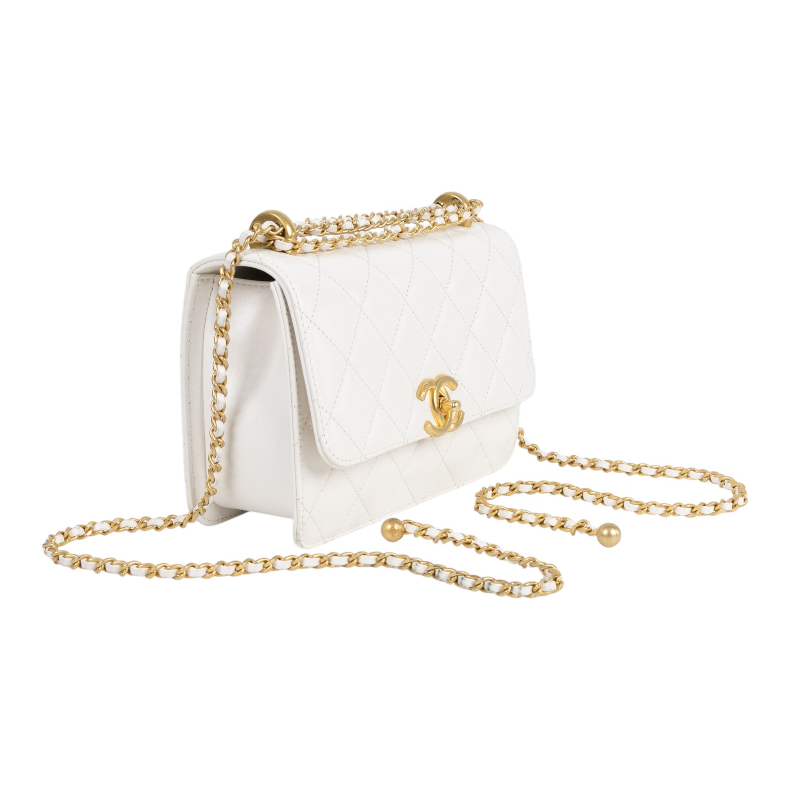 香奈兒 CHANEL 雙金球 經典 斜背 口蓋包 AS2615 晶片款 白雙金珠翻蓋包 防塵袋
