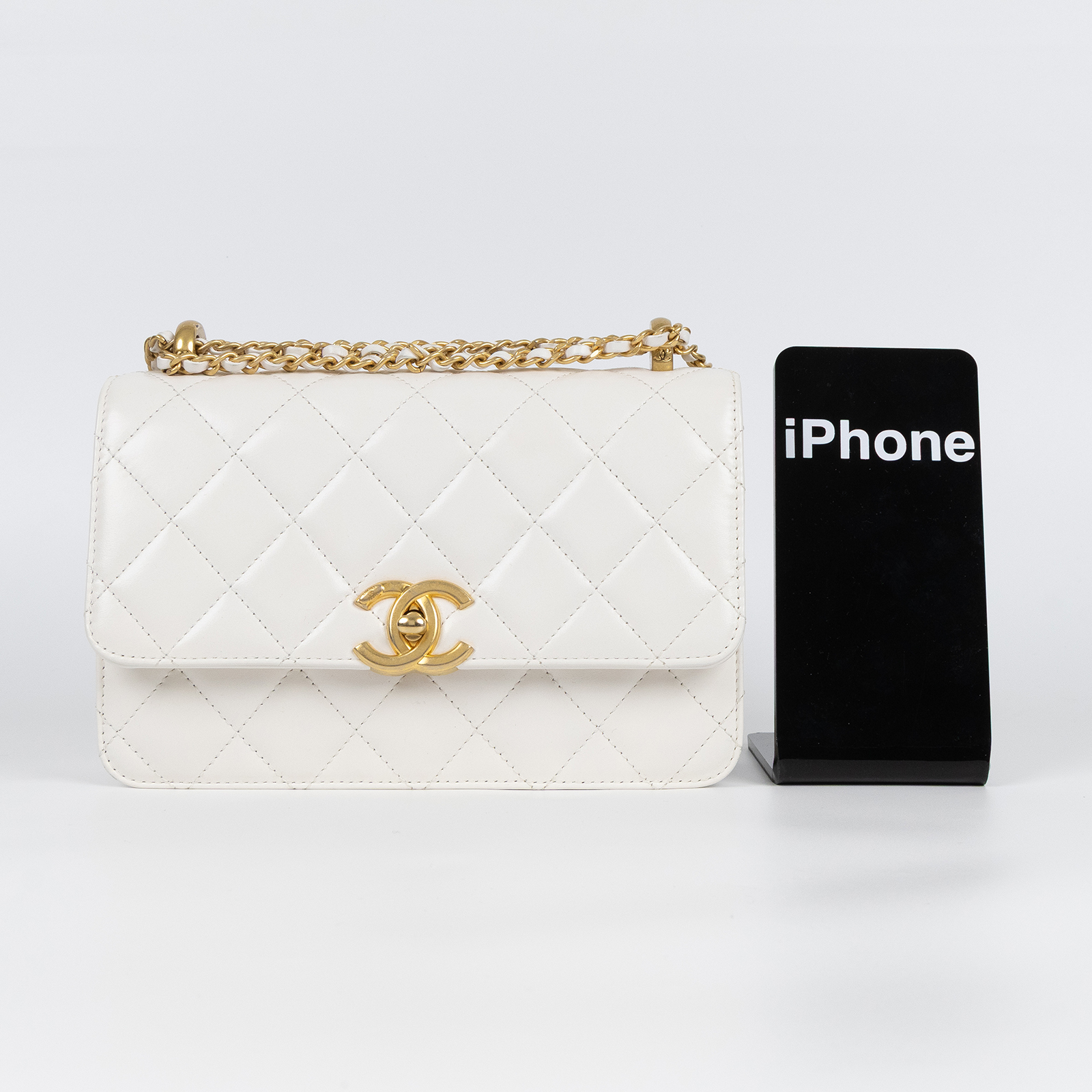 香奈兒 CHANEL 雙金球 經典 斜背 口蓋包 AS2615 晶片款 白雙金珠翻蓋包 防塵袋