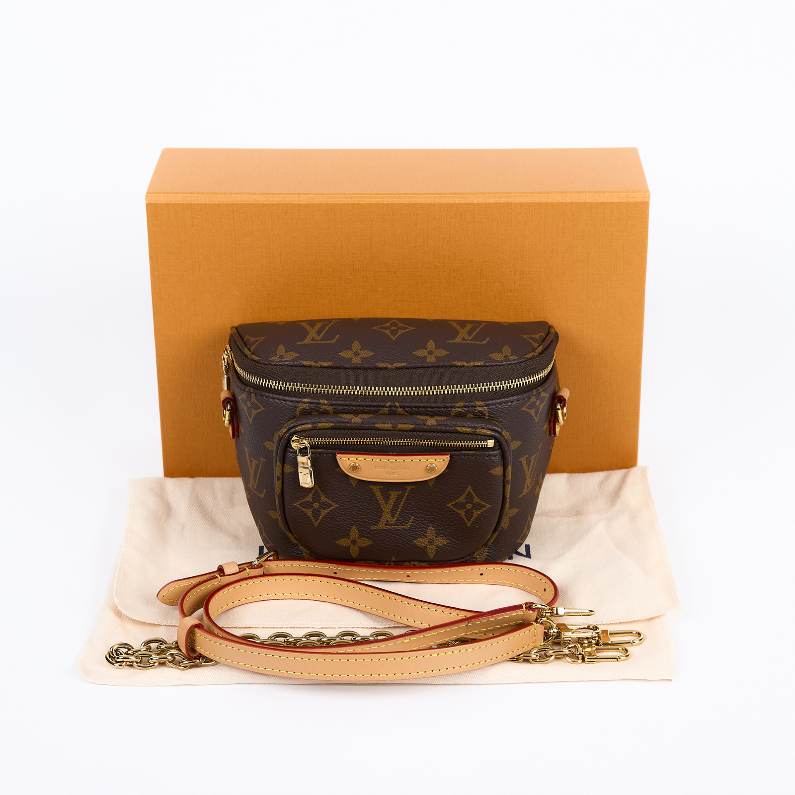 路易威登 LOUIS VUITTON Mini Bumbag 迷你 腰包 鏈條 單肩包 M82335 晶片款 原花MINI BUMBAG 原廠盒子/防塵袋/背帶