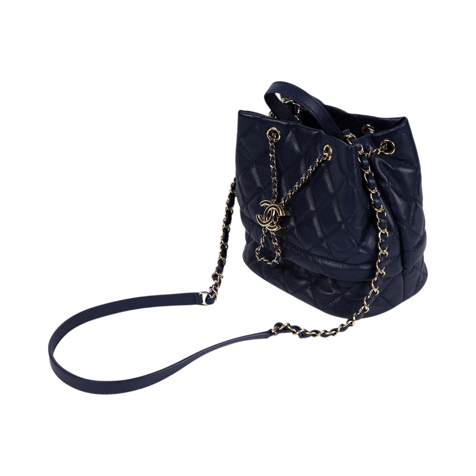 香奈兒 CHANEL CC LOGO 束口水桶包 手提包 斜背包 AS0894 28開 深藍荔枝水桶包 防塵袋/保證卡