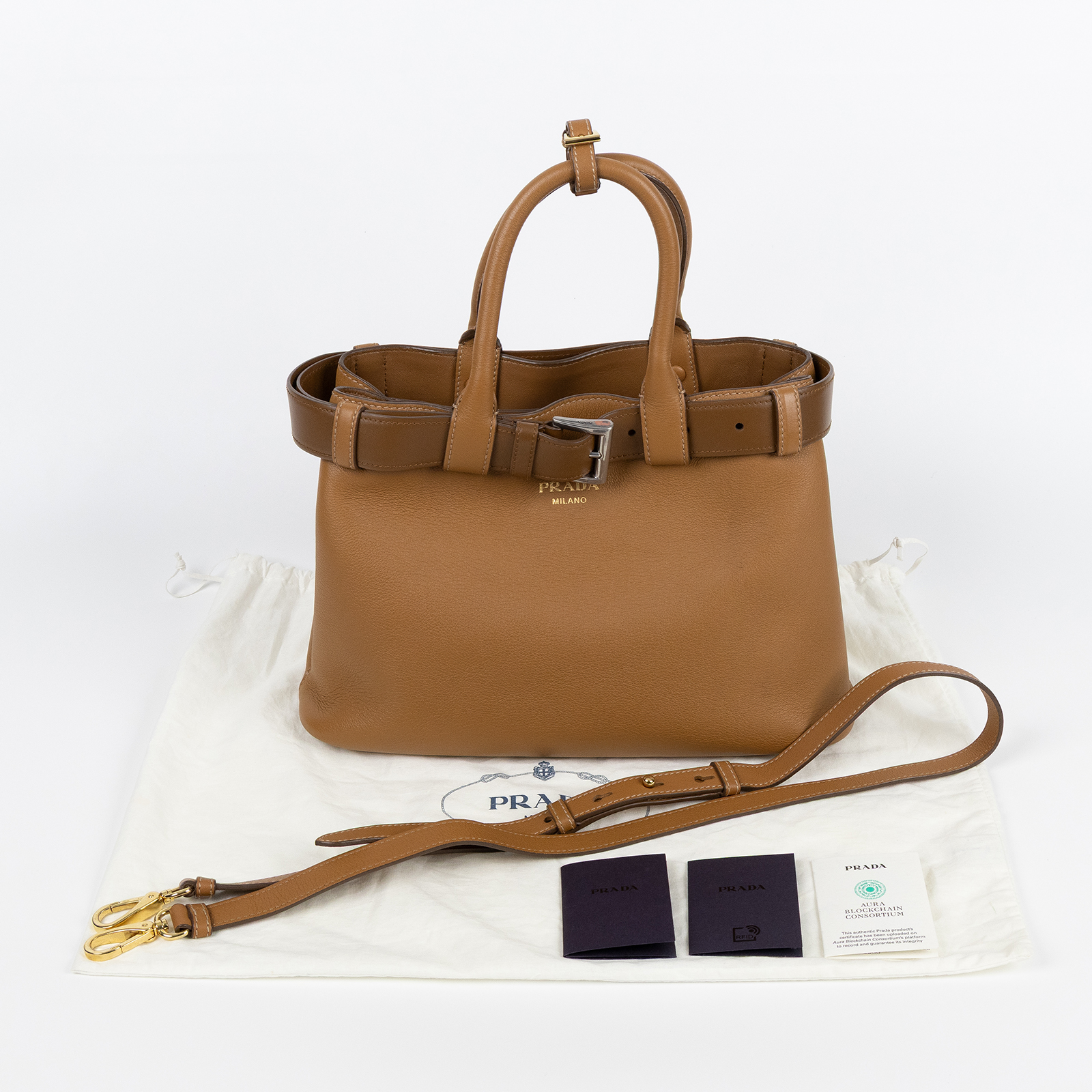 普拉達 PRADA Buckle 連皮帶 手提包 小型 1BA434_2CY9 焦糖Buckle 皮革手袋連皮帶 小號 防塵袋/背帶
