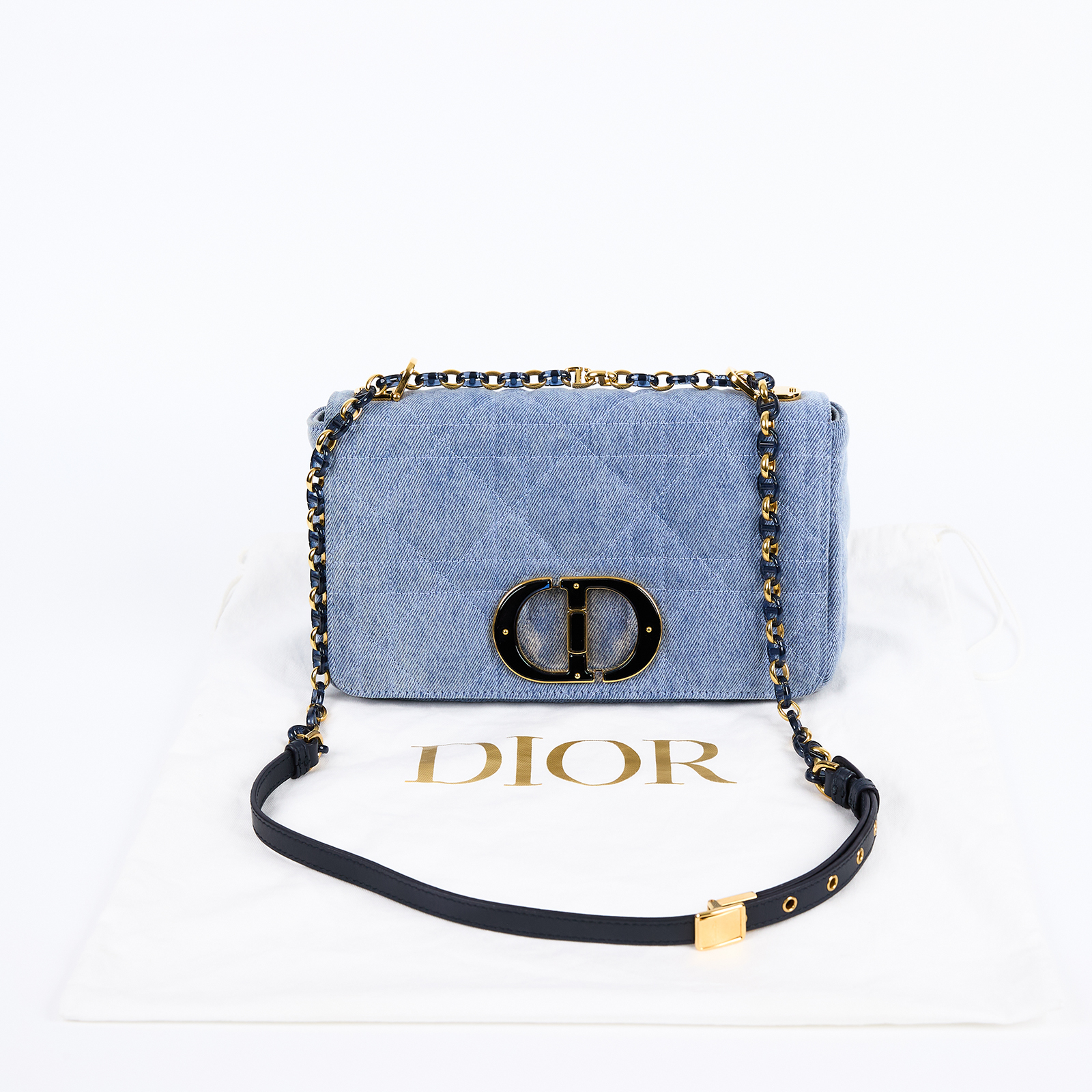 迪奧 CHRISTIAN DIOR Caro 中型 斜背包 肩背包 手提包 單寧 M9242WTJF 牛仔CARO鏈帶包 中號 防塵袋/背帶