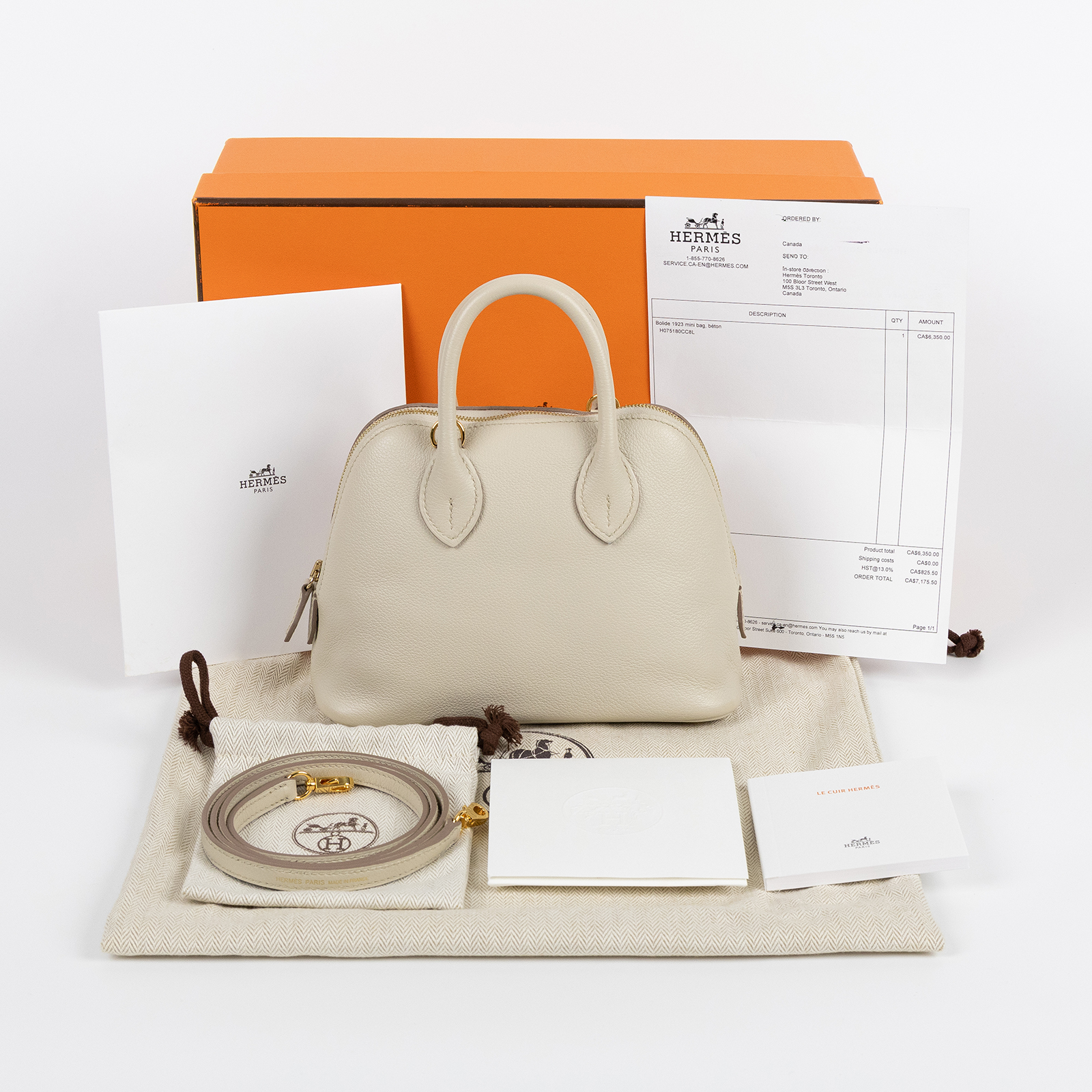 愛馬仕 Hermes Bolide Bag 1923 柏莉包 mini 金色五金 冰川白 H075180CC8L B刻  原廠盒子/防塵袋/背帶/加拿大購買證明