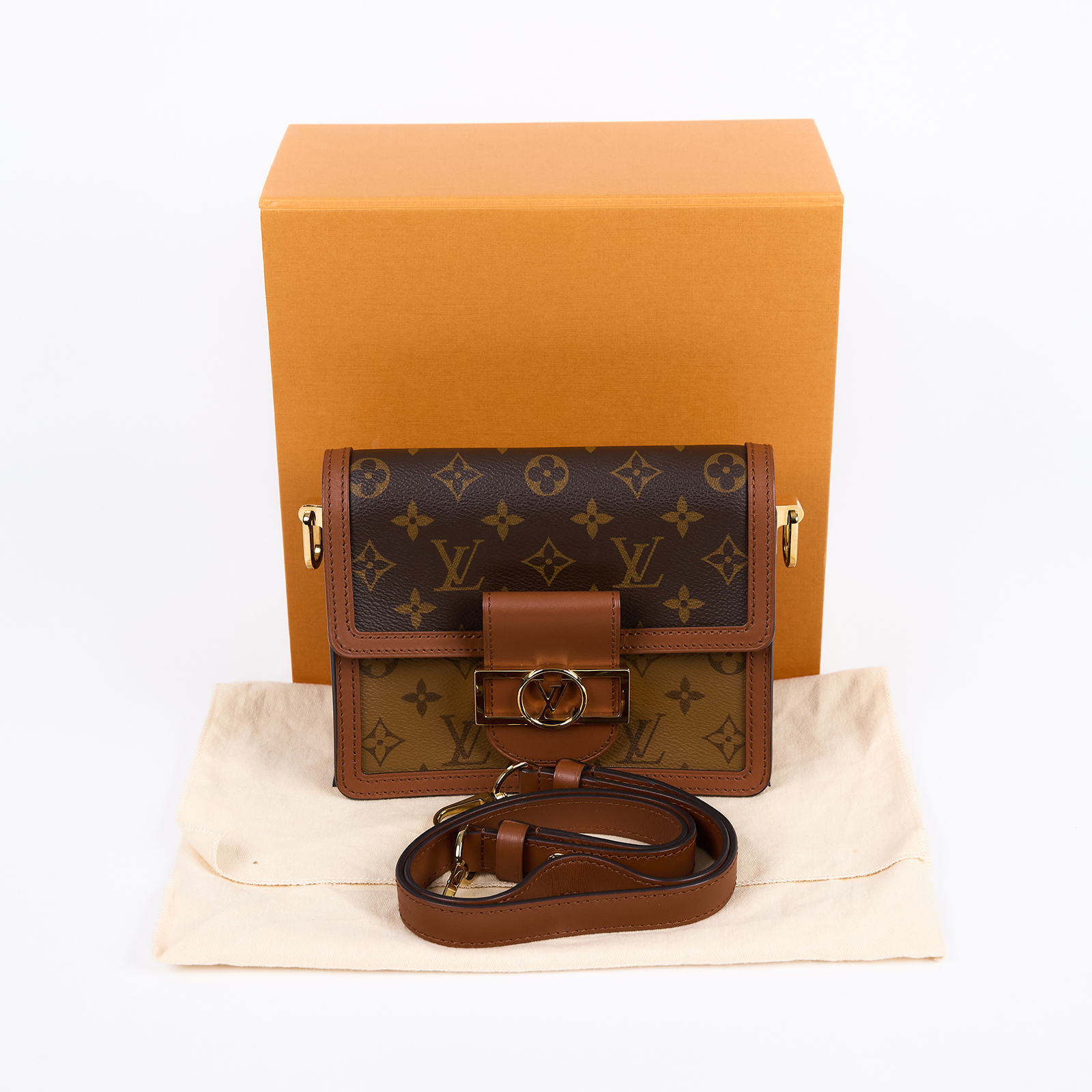 路易威登 LOUIS VUITTON Mini Dauphine 達芙妮 Reverse皮革飾邊 帆布肩背 斜背包 M45959  原廠盒子/防塵袋/背帶