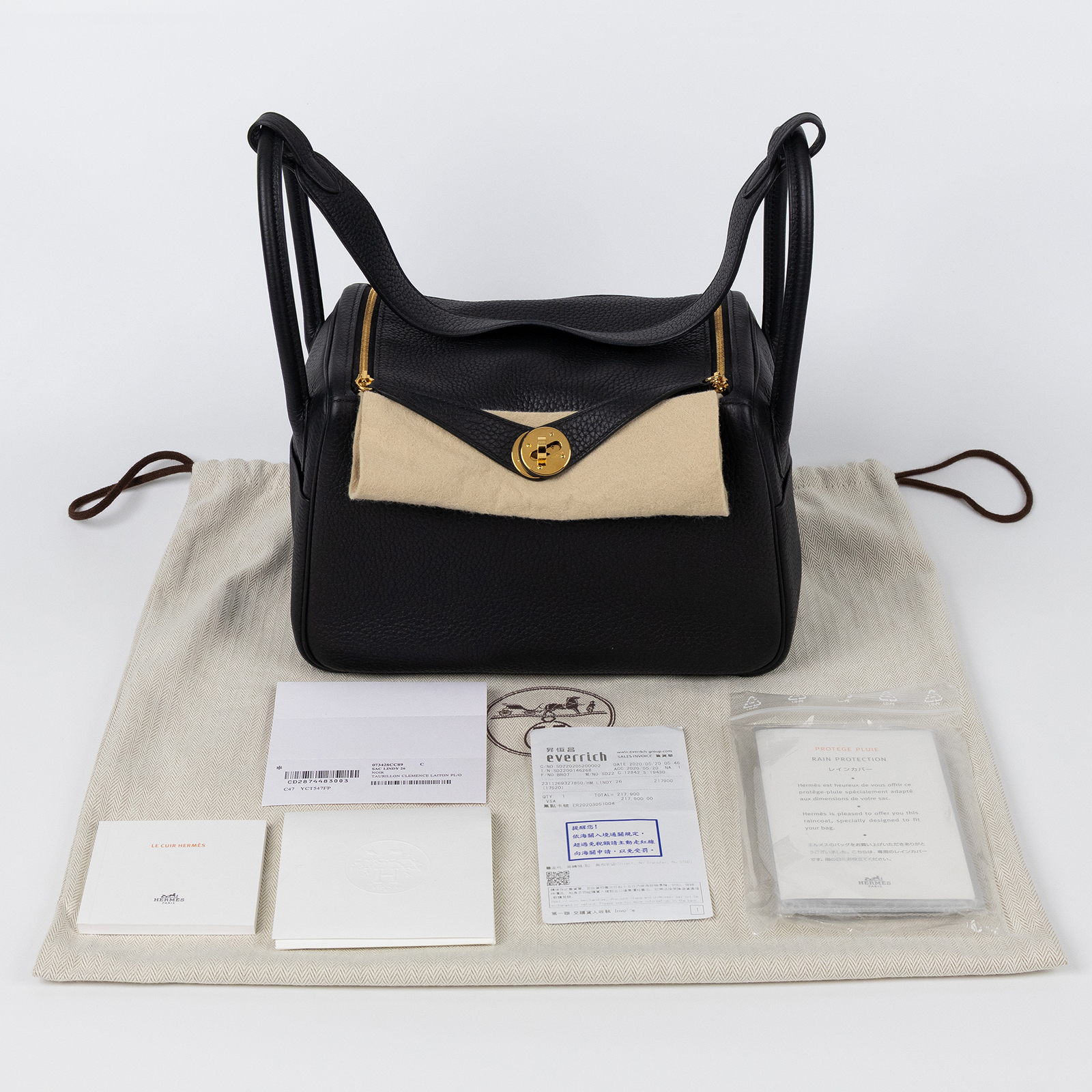 愛馬仕 Hermes Lindy 琳迪包 26 黑色 金色五金 H073428CC89 YCT547FP Y刻黑金LINDY26 防塵袋/購買明細