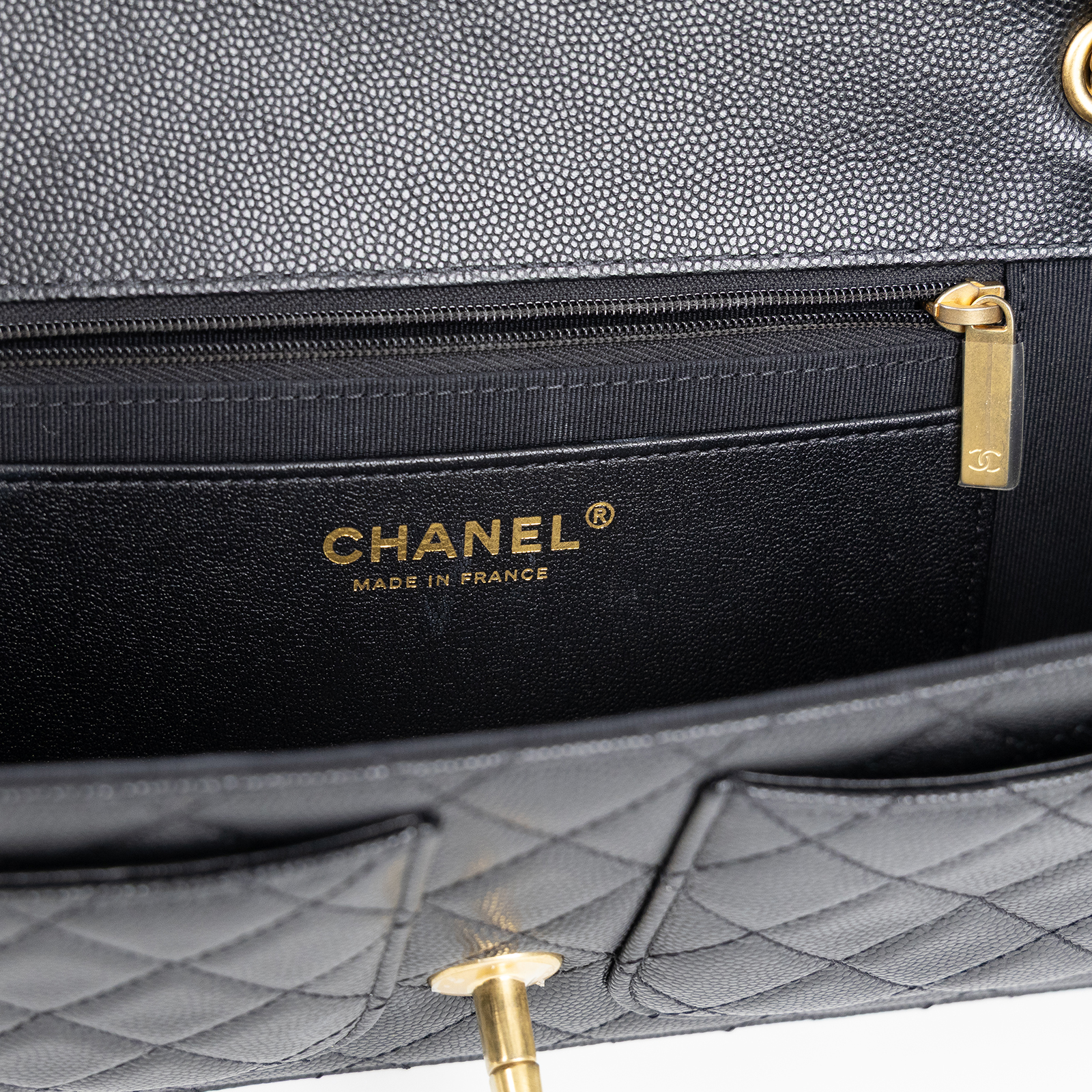 香奈兒 CHANEL CF 口蓋包 肩背包 斜背包 AS5694 晶片款 黑金荔枝雙口袋口蓋鍊包 原廠盒子/防塵袋