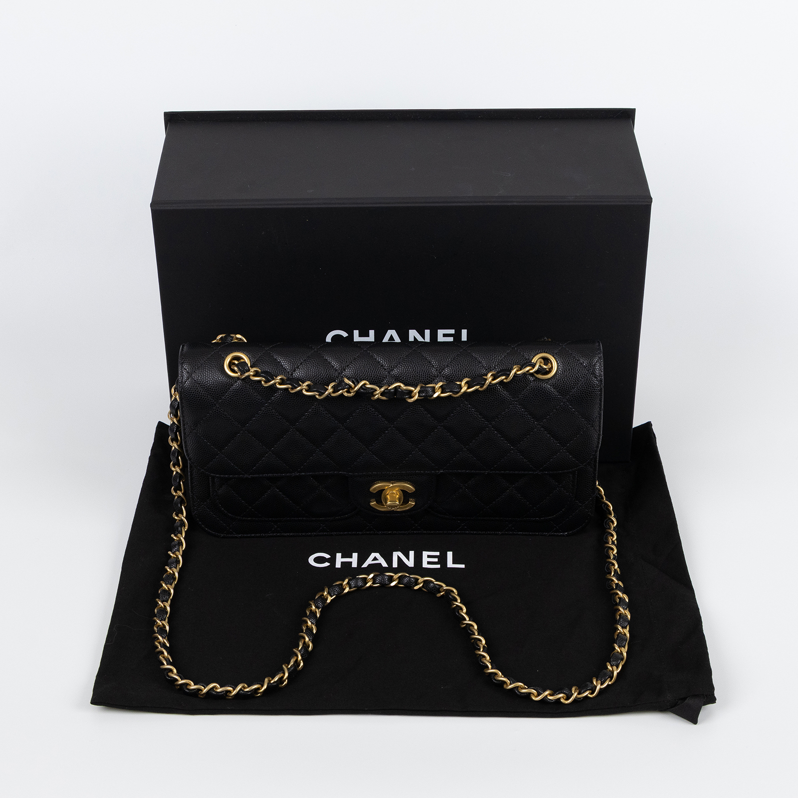 香奈兒 CHANEL CF 口蓋包 肩背包 斜背包 AS5694 晶片款 黑金荔枝雙口袋口蓋鍊包 原廠盒子/防塵袋