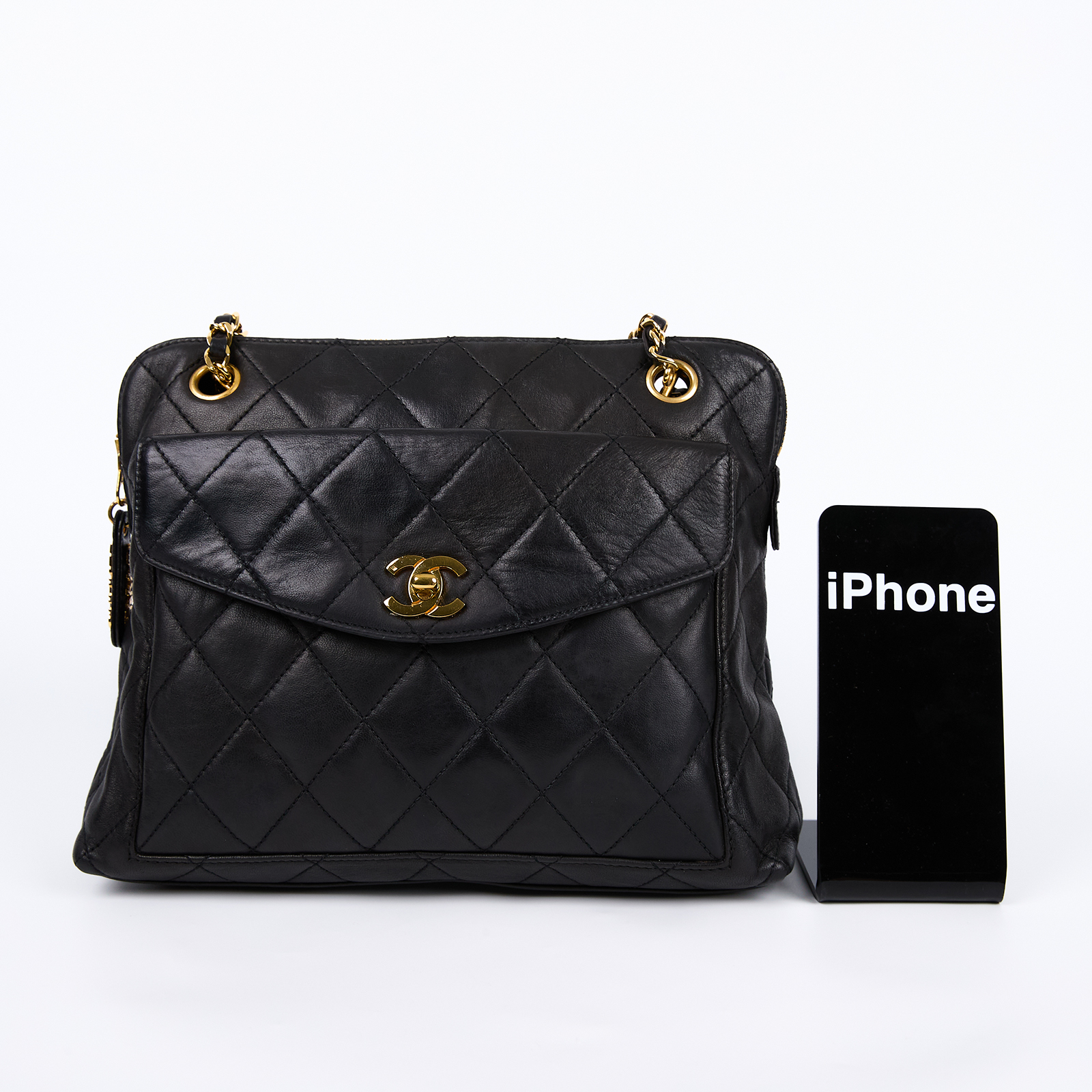 香奈兒 CHANEL Coco Mark 手提包 肩背包  4開 黑菱格金練鍊帶包 無附屬品
