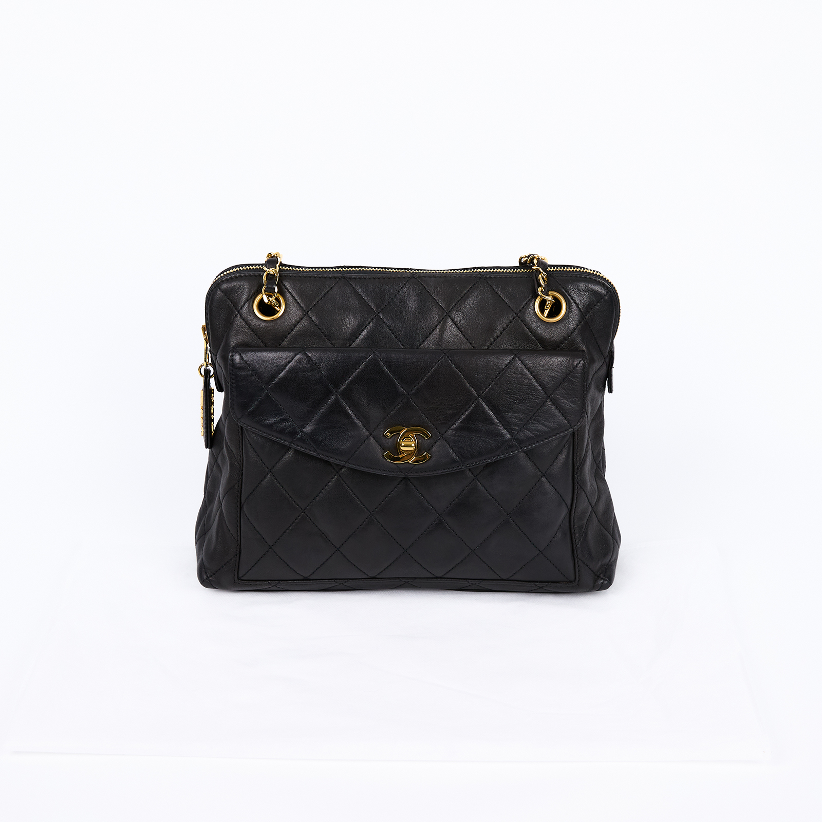 香奈兒 CHANEL Coco Mark 手提包 肩背包  4開 黑菱格金練鍊帶包 無附屬品