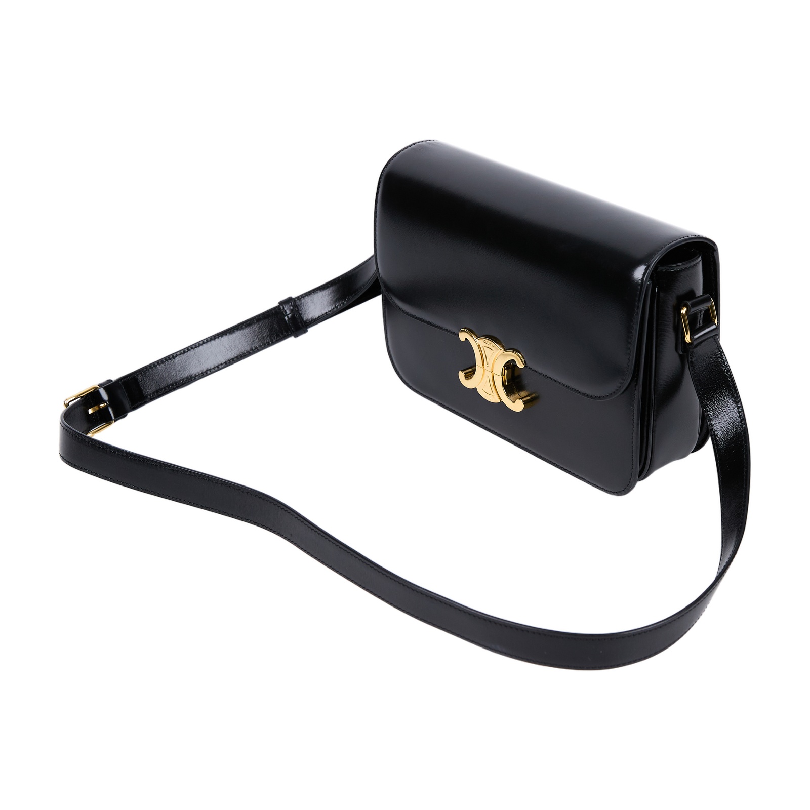 思琳 CELINE 亮面牛皮革 Classique Triomphe 凱旋門 肩背包 187363BF4 黑金TRIOMPHE中號 防塵袋/購買證明