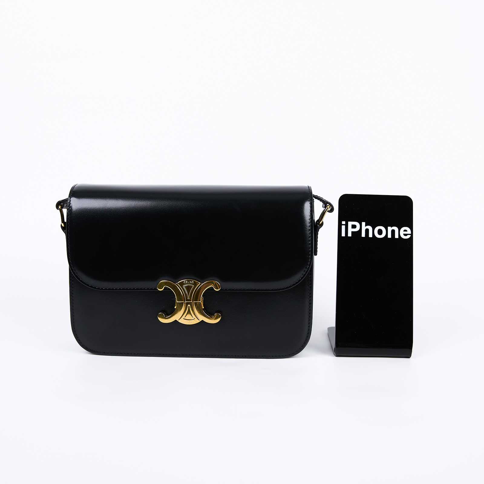 思琳 CELINE 亮面牛皮革 Classique Triomphe 凱旋門 肩背包 187363BF4 黑金TRIOMPHE中號 防塵袋/購買證明