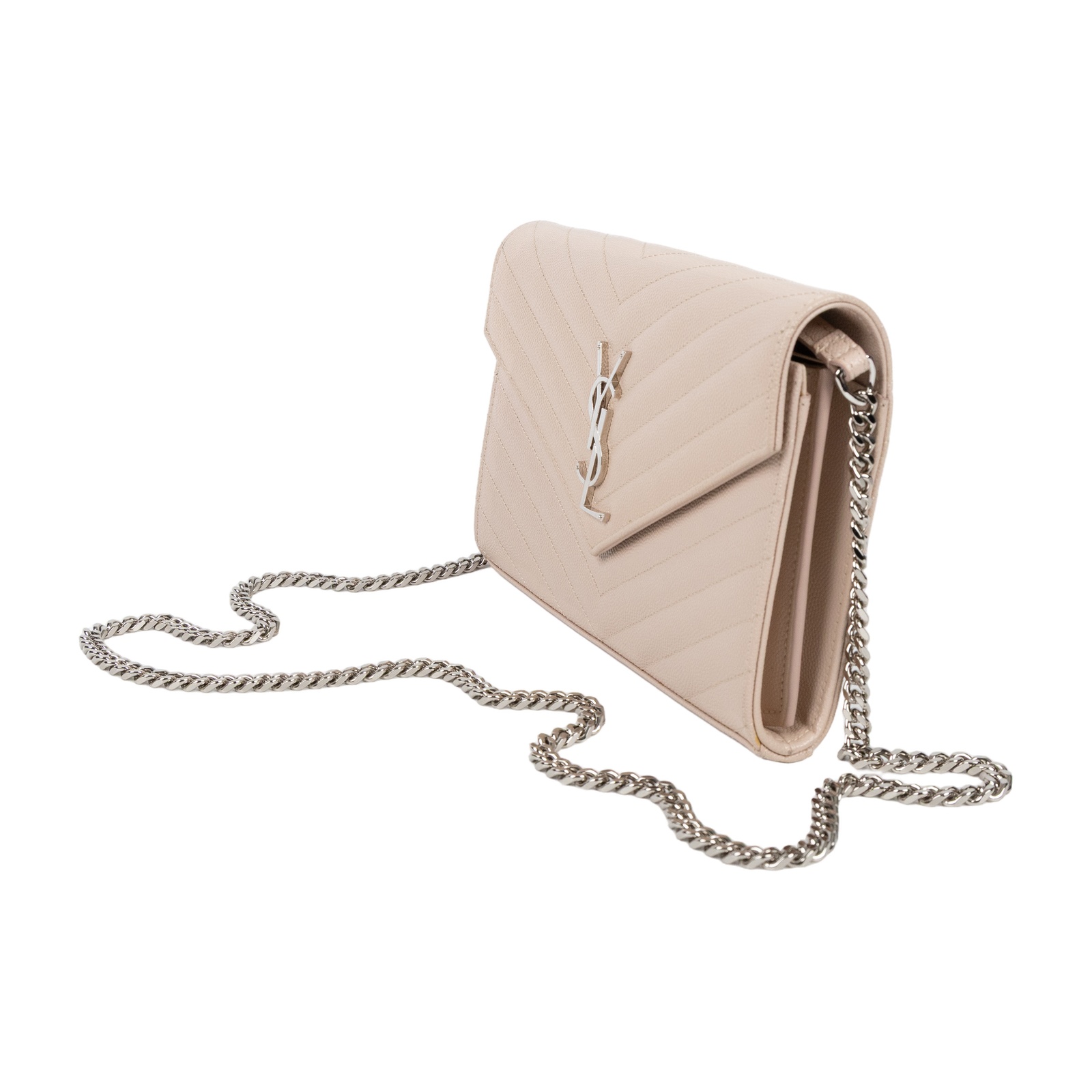 聖羅蘭 YSL SAINT LAURENT Cassandre 經典粒面皮革 鏈條 錢包 銀色五金 377828BOW02  原廠盒子/防塵袋