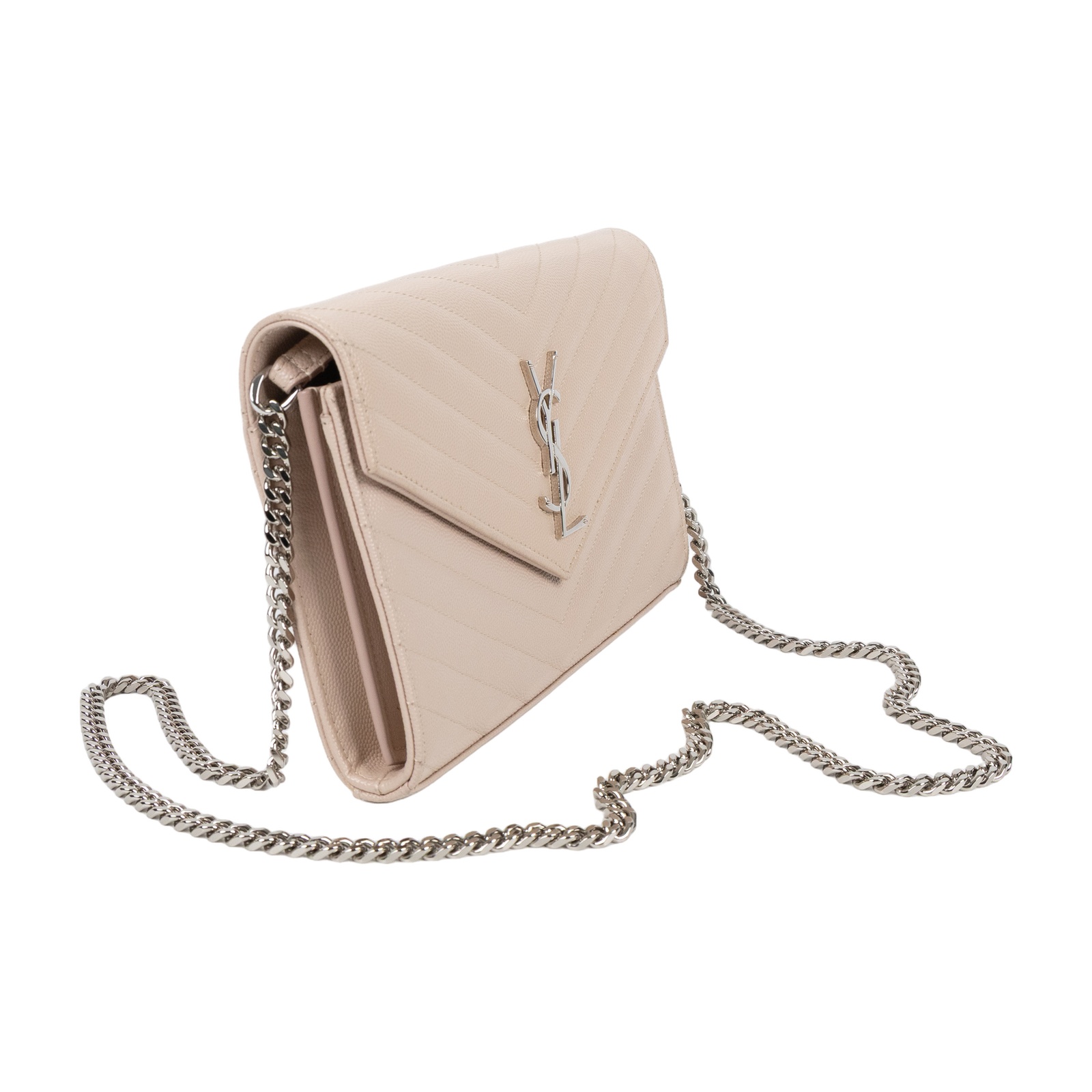 聖羅蘭 YSL SAINT LAURENT Cassandre 經典粒面皮革 鏈條 錢包 銀色五金 377828BOW02  原廠盒子/防塵袋