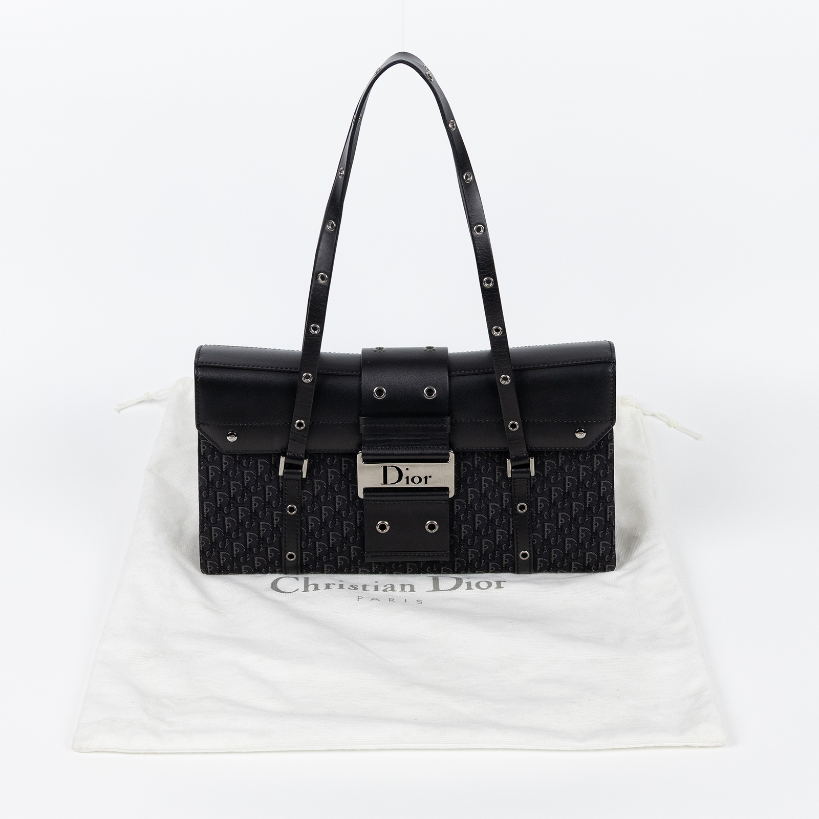 迪奧 CHRISTIAN DIOR Trotter Street Chic 手提 肩背包  黑緹花肩背包 防塵袋