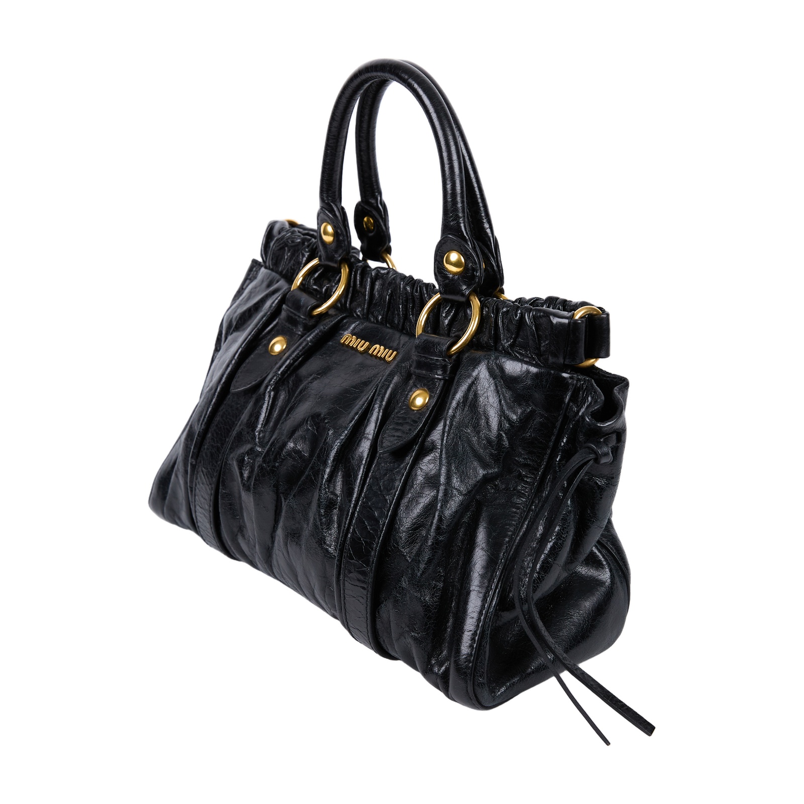 繆繆 MIU MIU Vitello Lux 2WAY 手提包  黑全皮皺摺2WAY 背帶