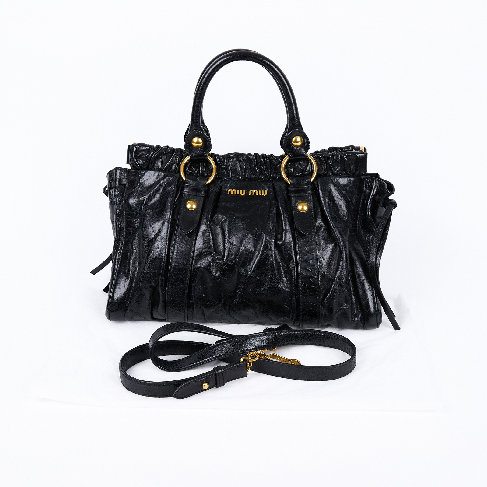 繆繆 MIU MIU Vitello Lux 2WAY 手提包  黑全皮皺摺2WAY 背帶