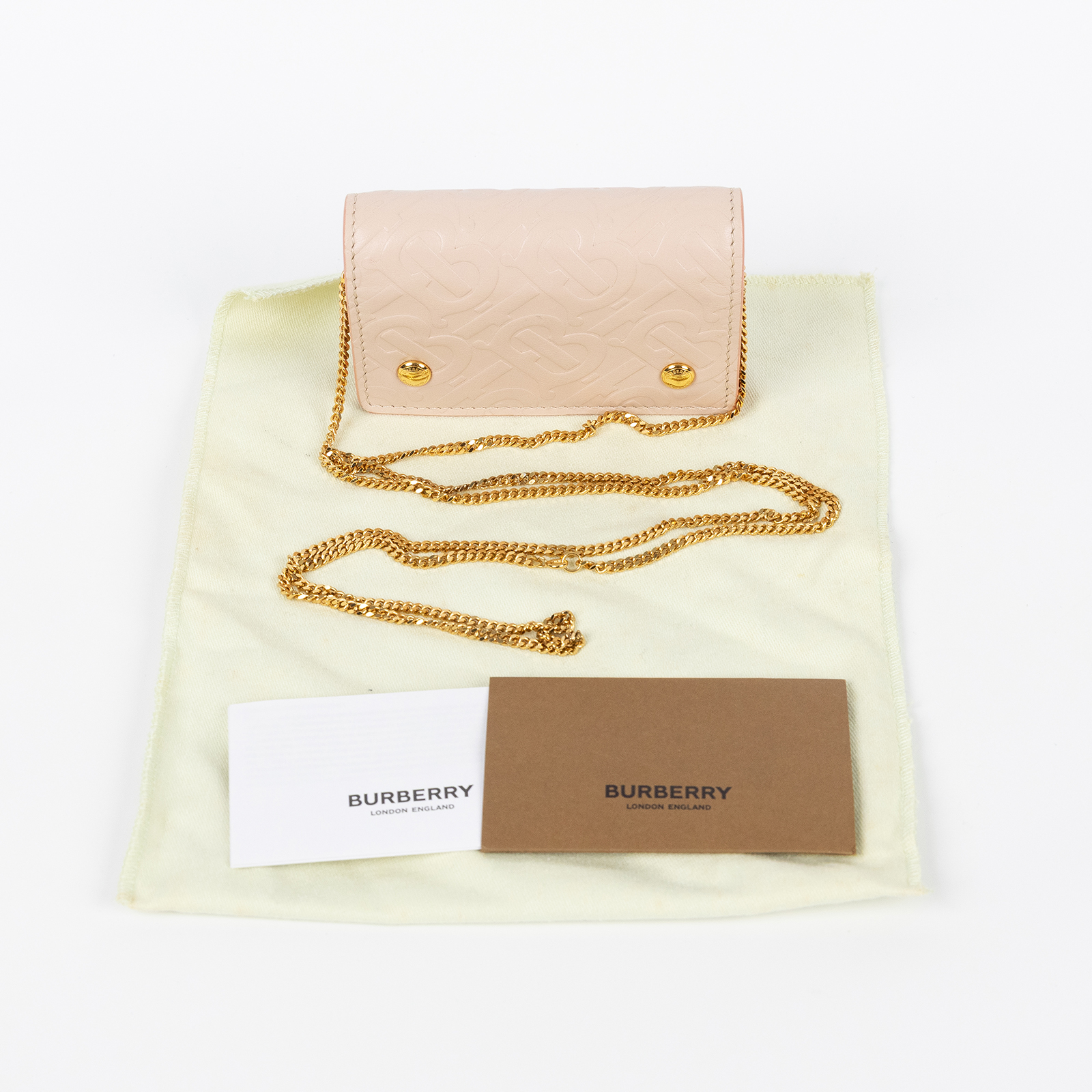 博柏利 BURBERRY TB 斜背包 零錢包 卡包 8011906 粉紅滿版TB金鍊包 防塵袋/鍊帶