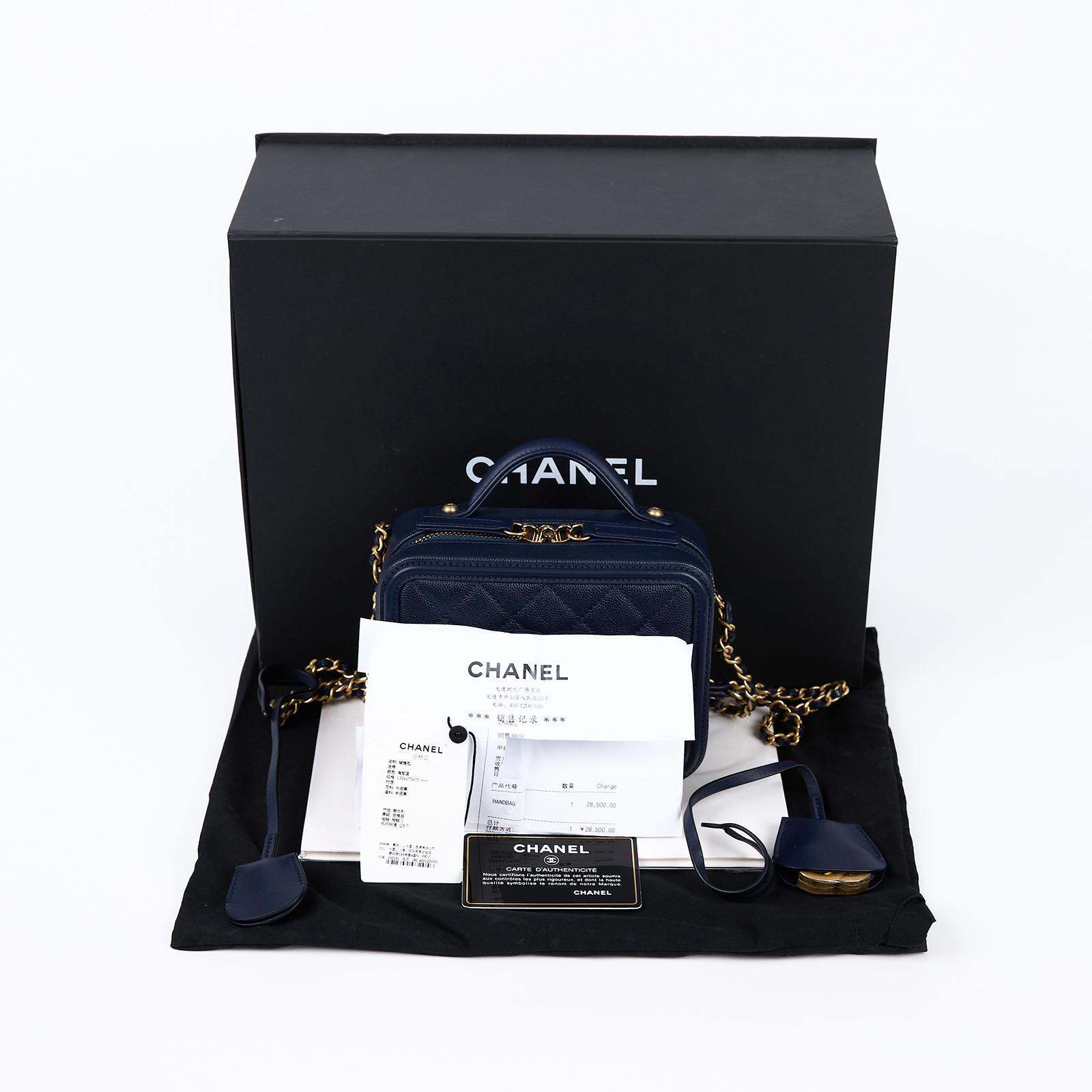 香奈兒 CHANEL Vanity Case Handle 斜背 手提 化妝箱 A93342 Y83371 26開深藍vANITY CASE17 原廠盒子/防塵袋/購買證明/保證卡