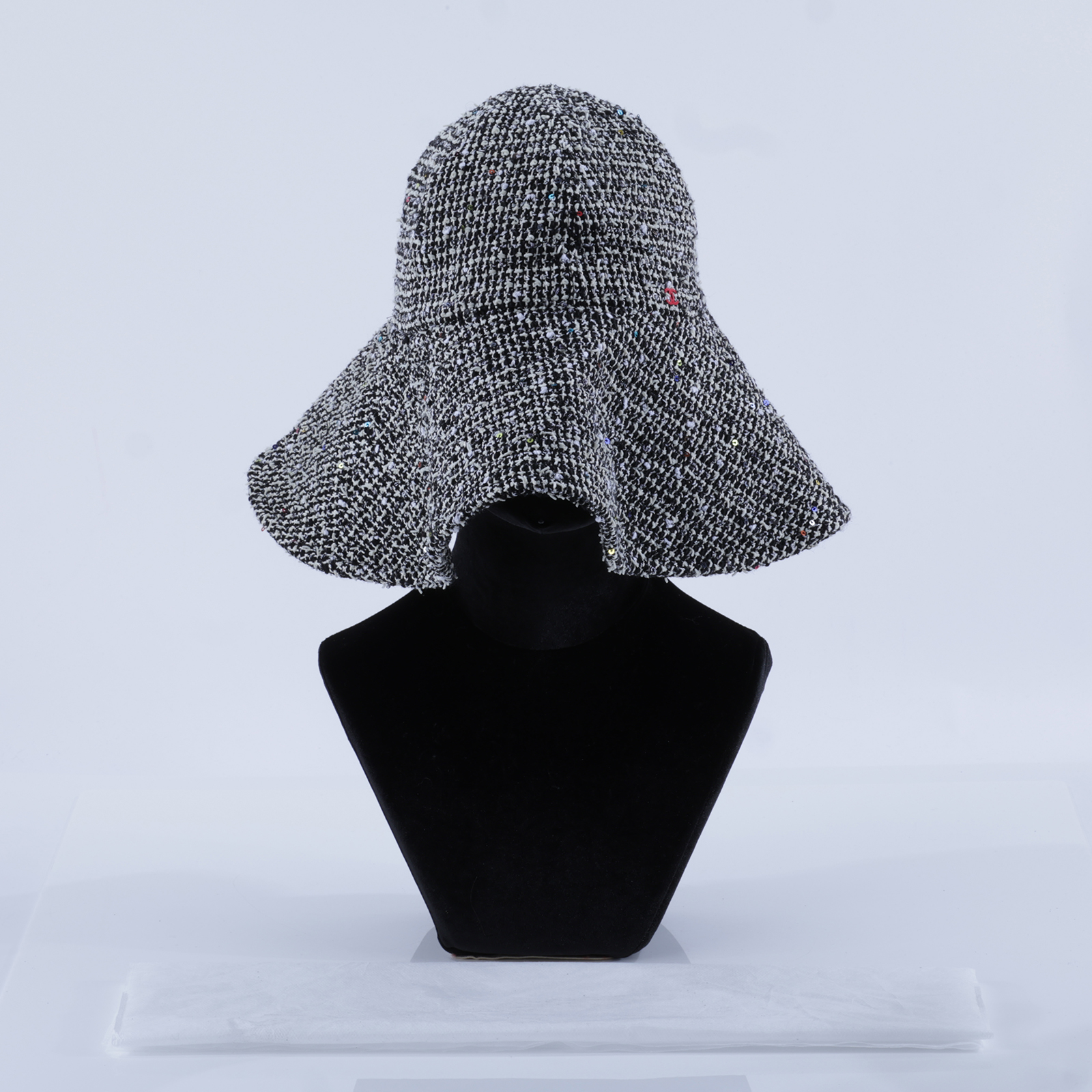 香奈兒 CHANEL 粗花呢 遮陽帽 帽子  黑毛尼亮片圓帽 M 無附屬品
