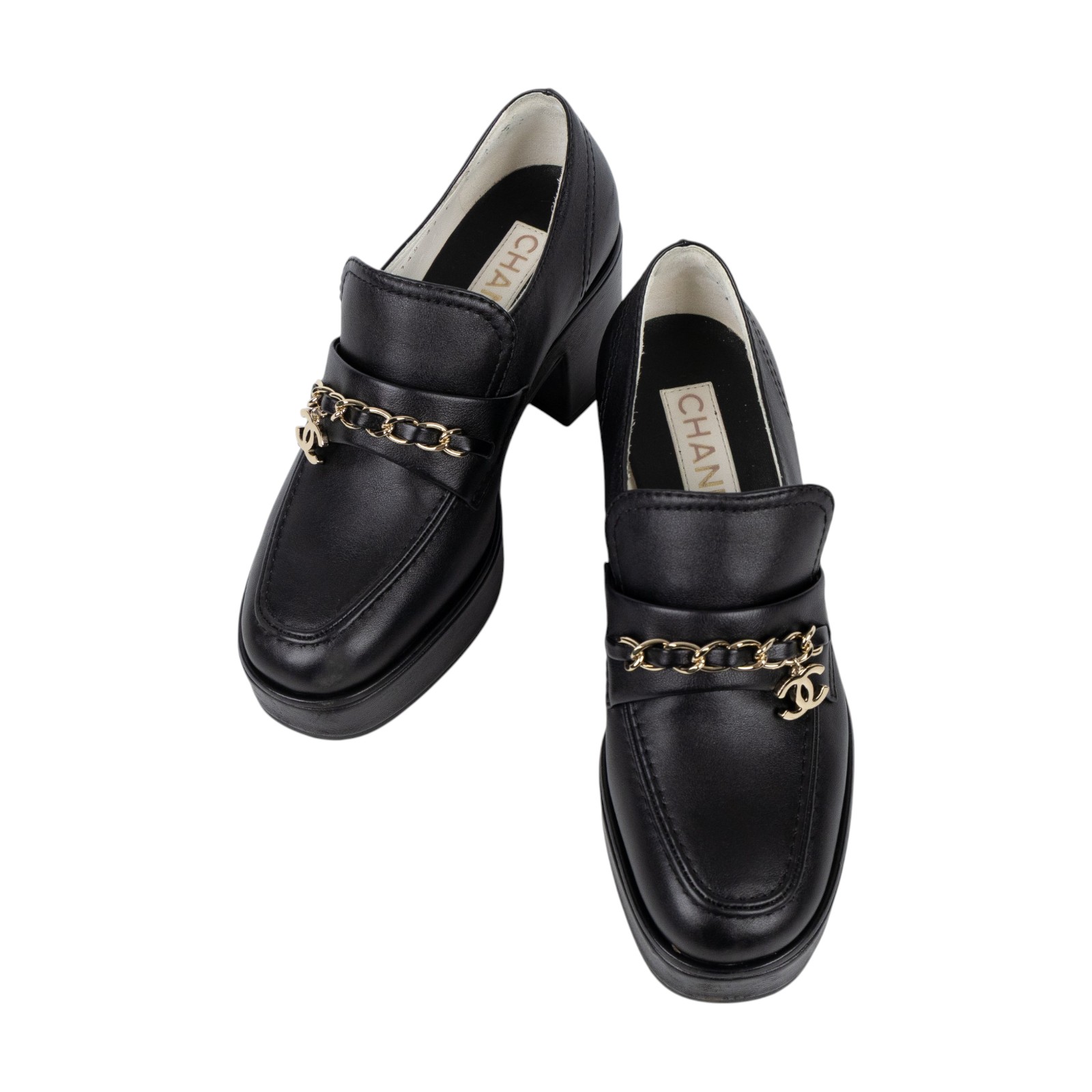 香奈兒 CHANEL CC LOGO 跟鞋 樂福鞋 G45142 B14028_37 黑銀低跟樂福鞋 原廠盒子/防塵袋/台灣購買證明