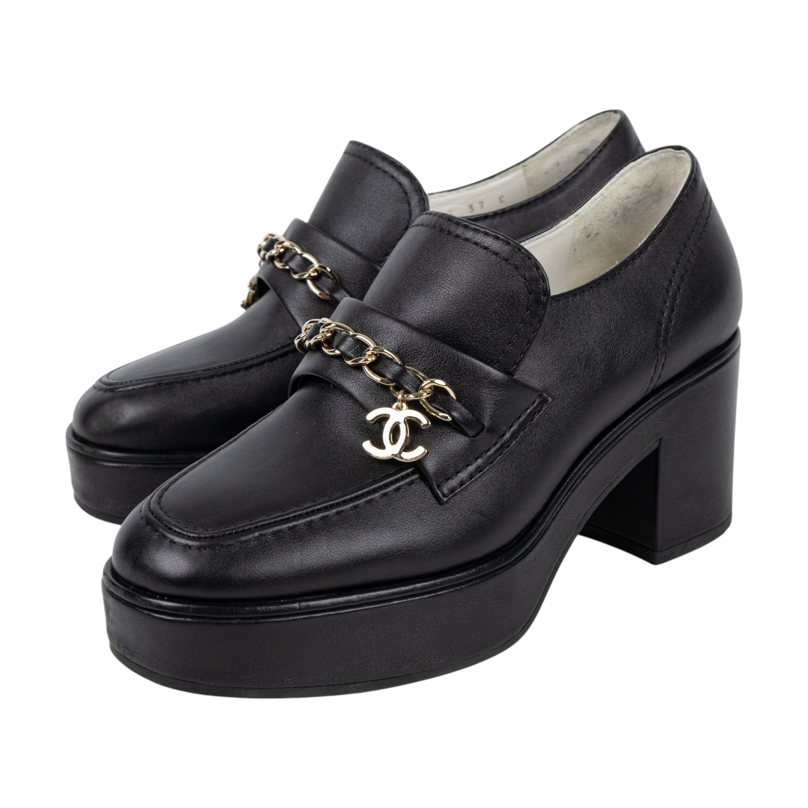 香奈兒 CHANEL CC LOGO 跟鞋 樂福鞋 G45142 B14028_37 黑銀低跟樂福鞋 原廠盒子/防塵袋/台灣購買證明