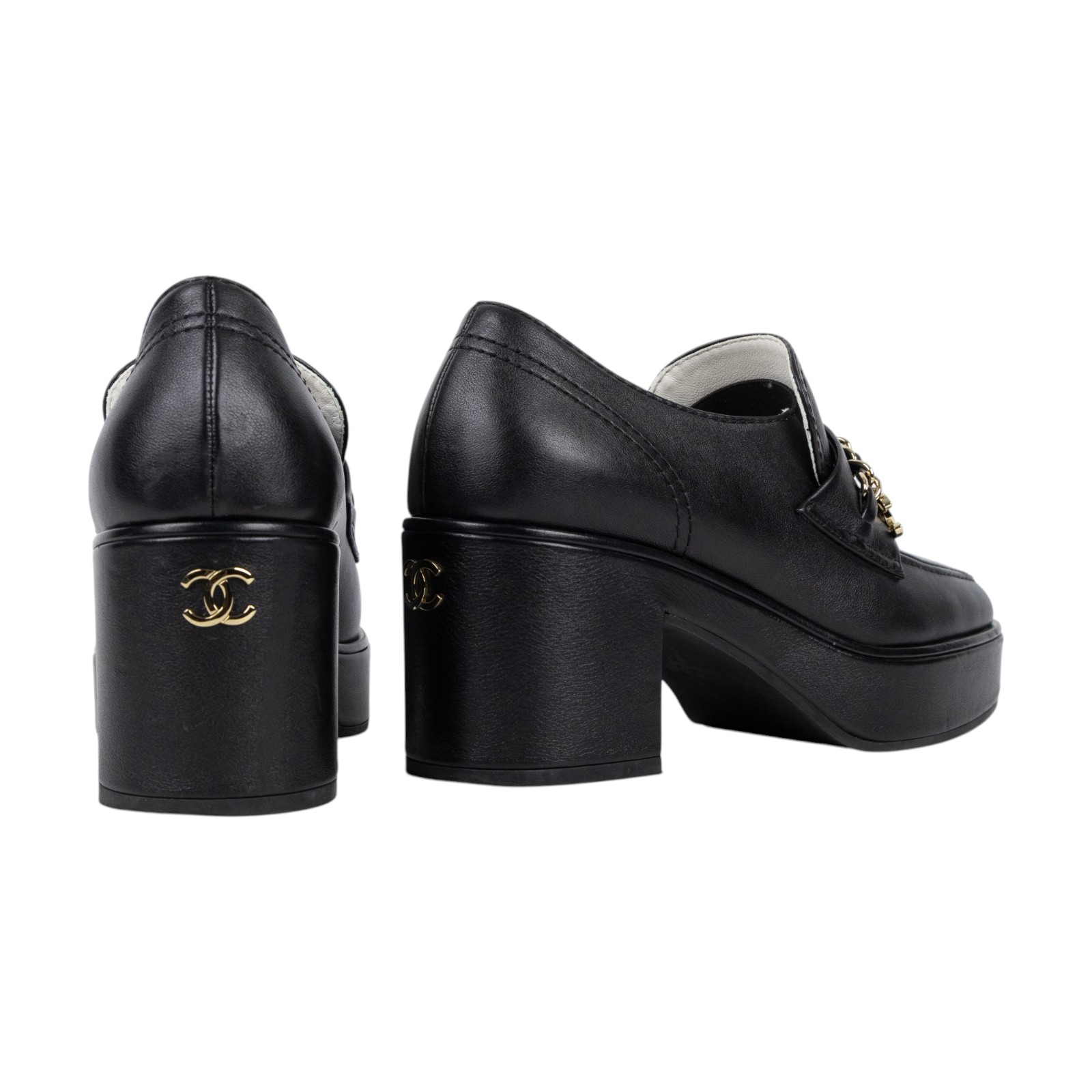 香奈兒 CHANEL CC LOGO 跟鞋 樂福鞋 G45142 B14028_37 黑銀低跟樂福鞋 原廠盒子/防塵袋/台灣購買證明