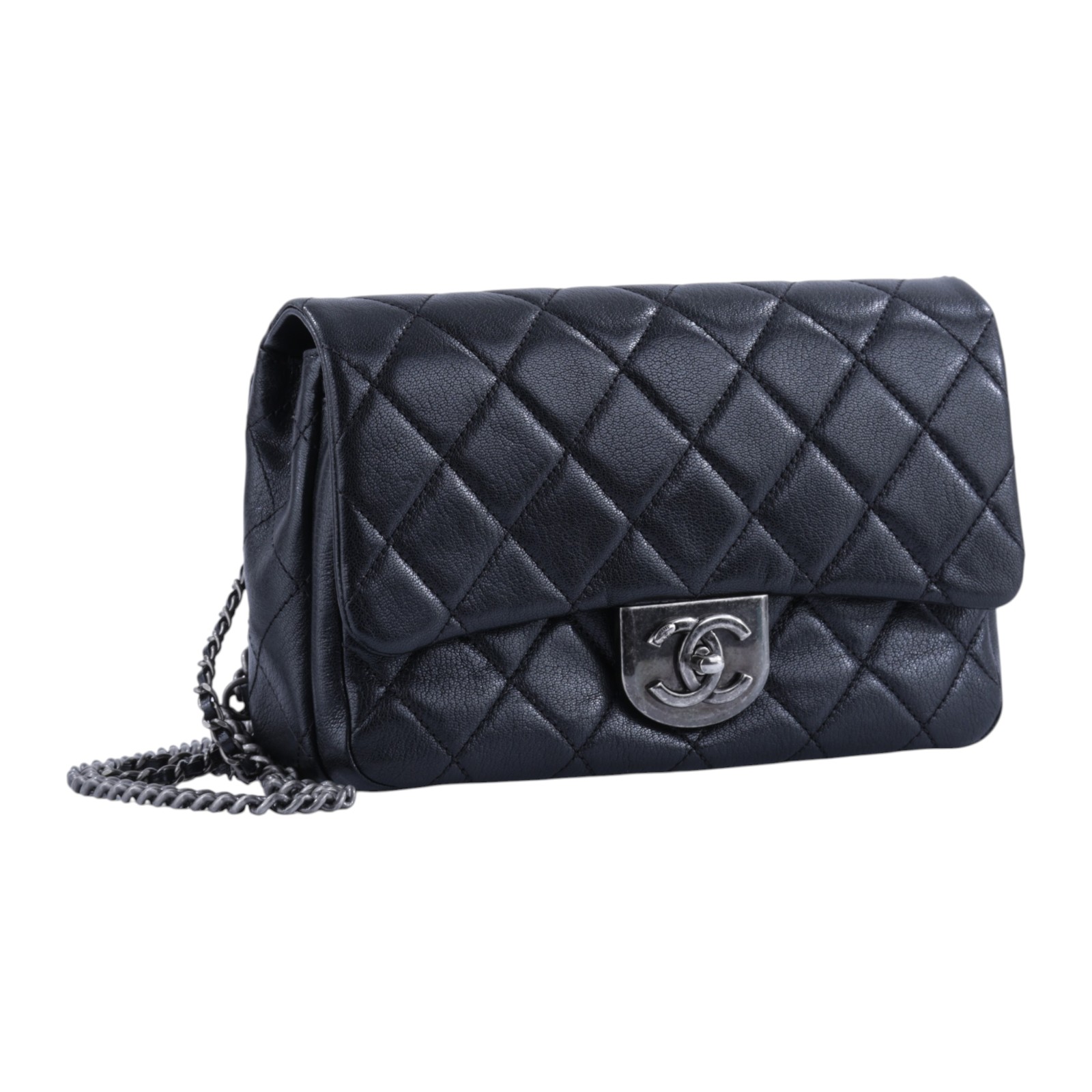 香奈兒 CHANEL CF 口蓋包  22開 黑銀小牛口蓋鍊包 背帶