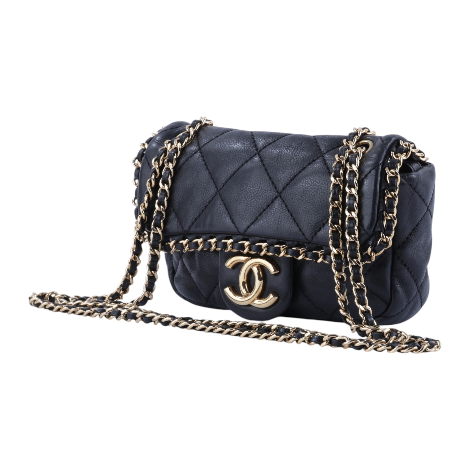 香奈兒 CHANEL mini CF 口蓋包 斜挎 肩背包  14開 黑金羊皮穿鍊飾邊迷你口蓋包 原廠盒子/防塵袋