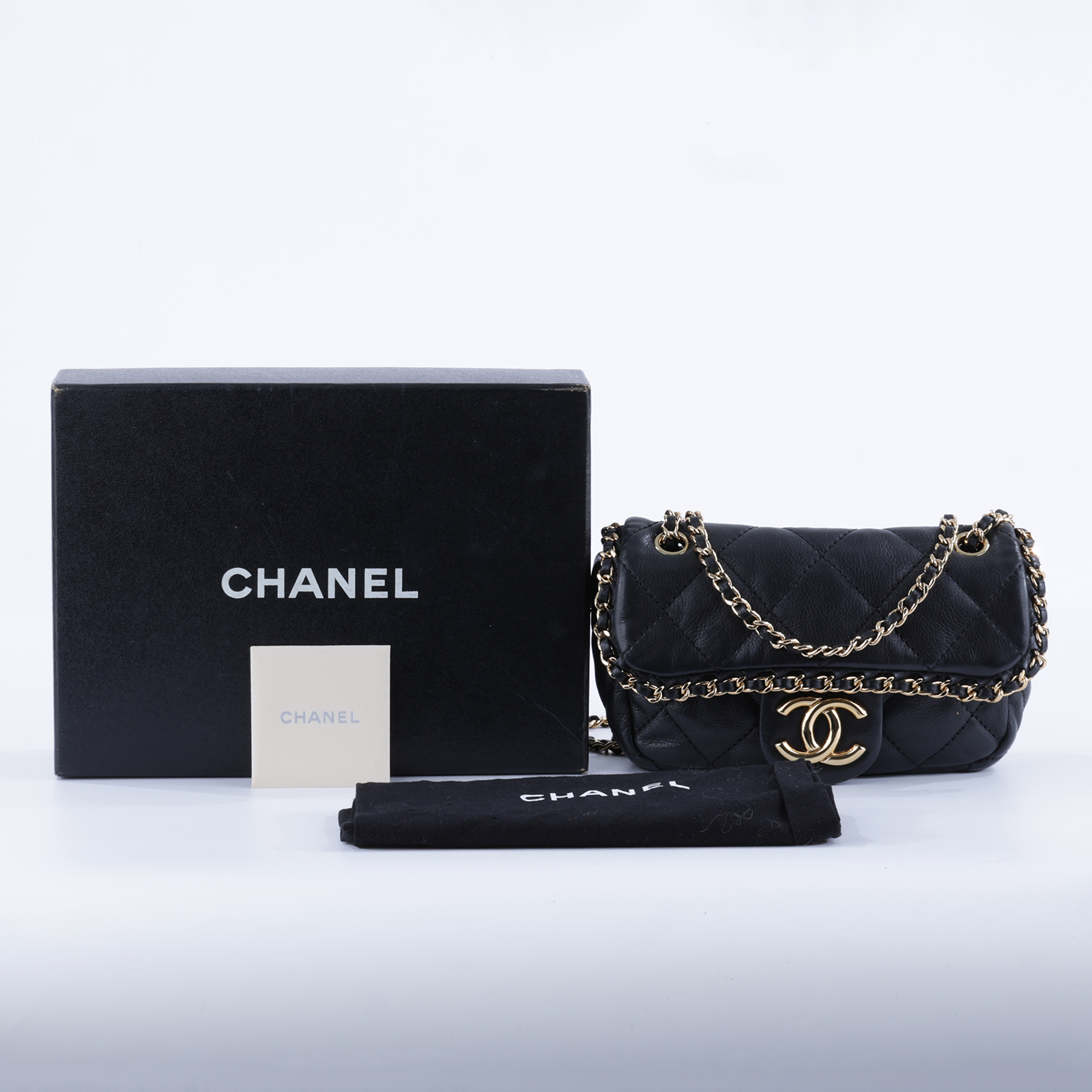 香奈兒 CHANEL mini CF 口蓋包 斜挎 肩背包  14開 黑金羊皮穿鍊飾邊迷你口蓋包 原廠盒子/防塵袋