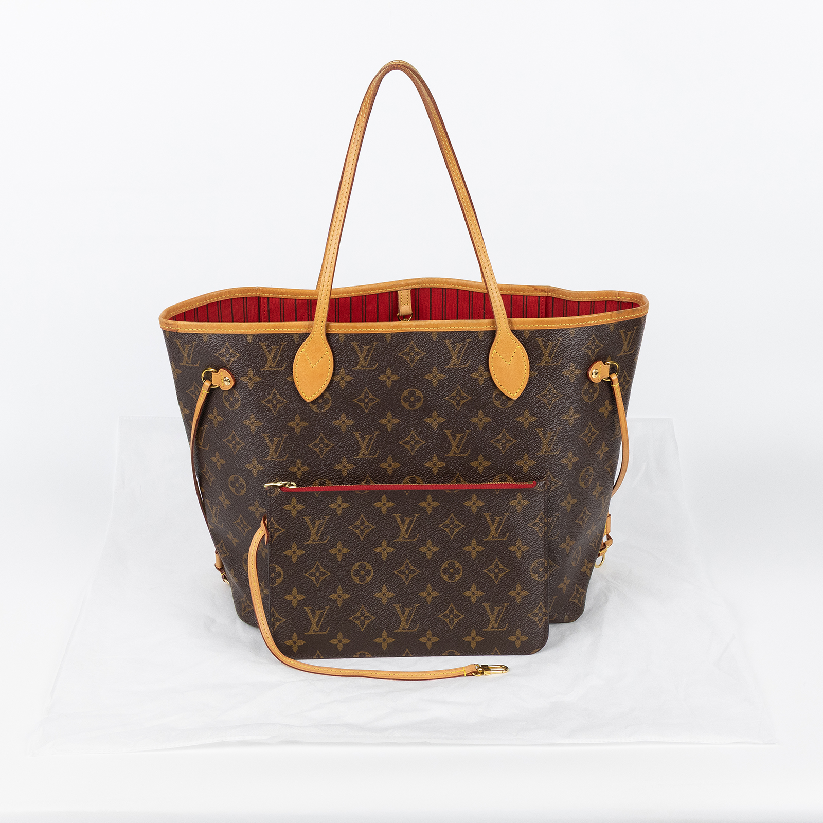 路易威登 LOUIS VUITTON Neverfull MM  經典帆布 肩背 購物袋 櫻桃紅內襯 M46987 晶片款 原花NEVERFULL MM 內袋