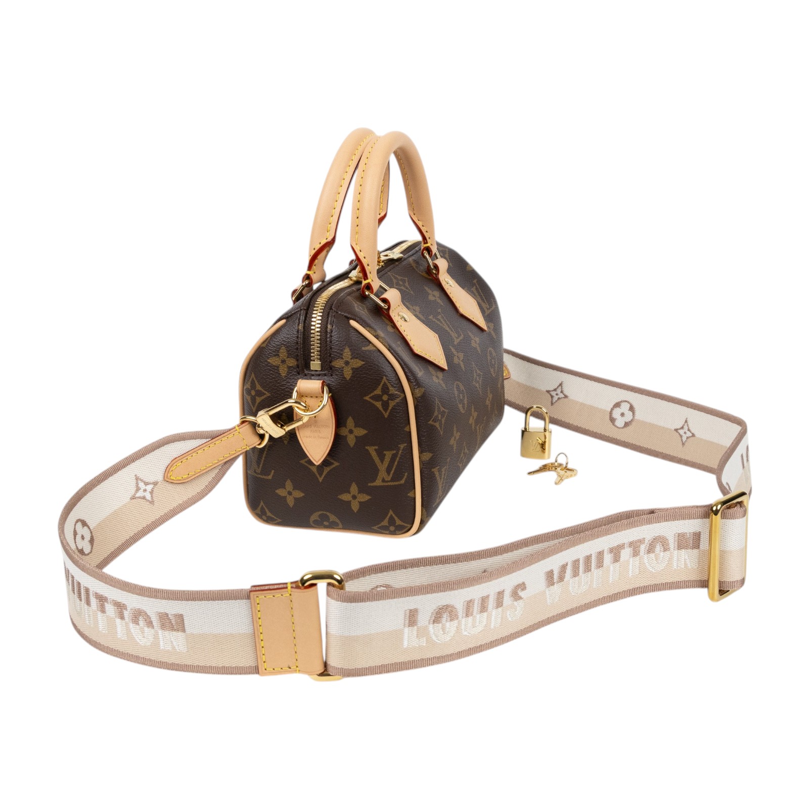 路易威登 LOUIS VUITTON Speedy Bandoulière 20 米色 帆布 手提 斜背 波士頓包 M46222 晶片款  防塵袋/鎖組/背帶